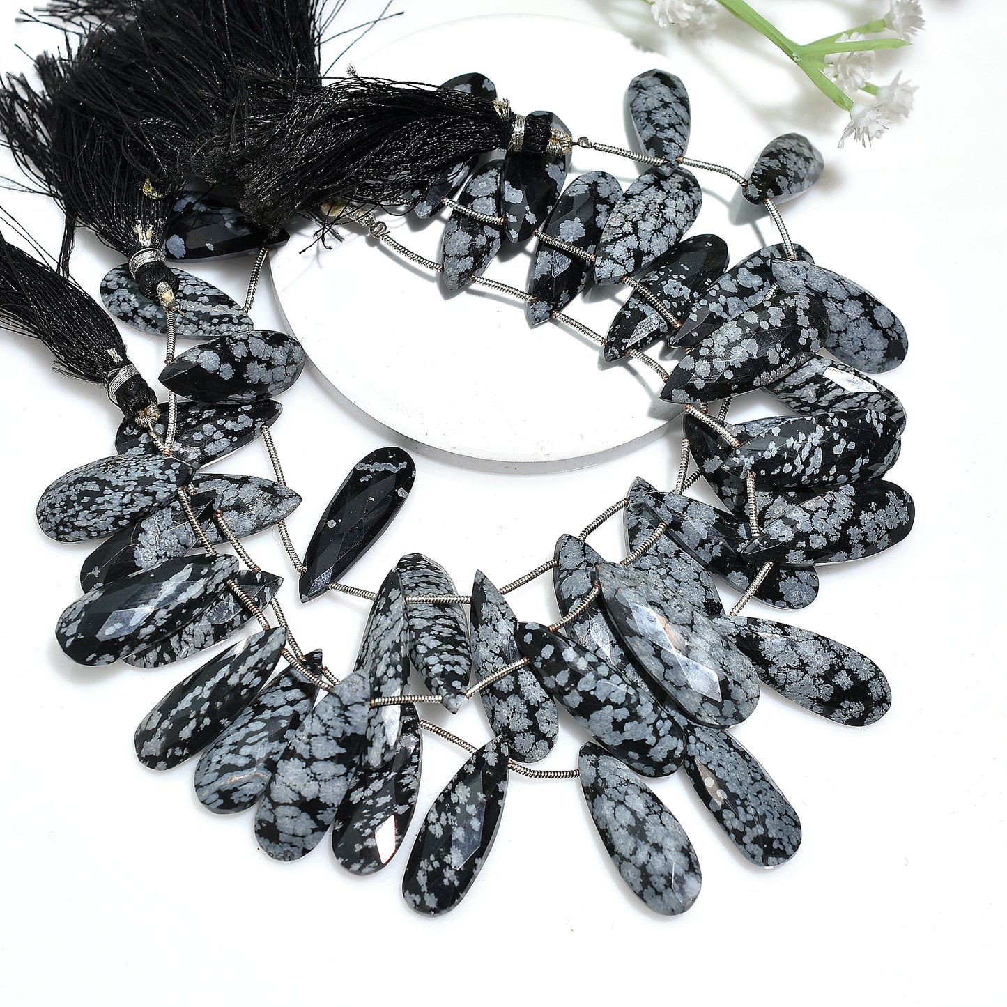 Elegant Snowflake Obsidian Faceted Drops – Pear-Shaped Gemstone Beads for DIY Jewelry