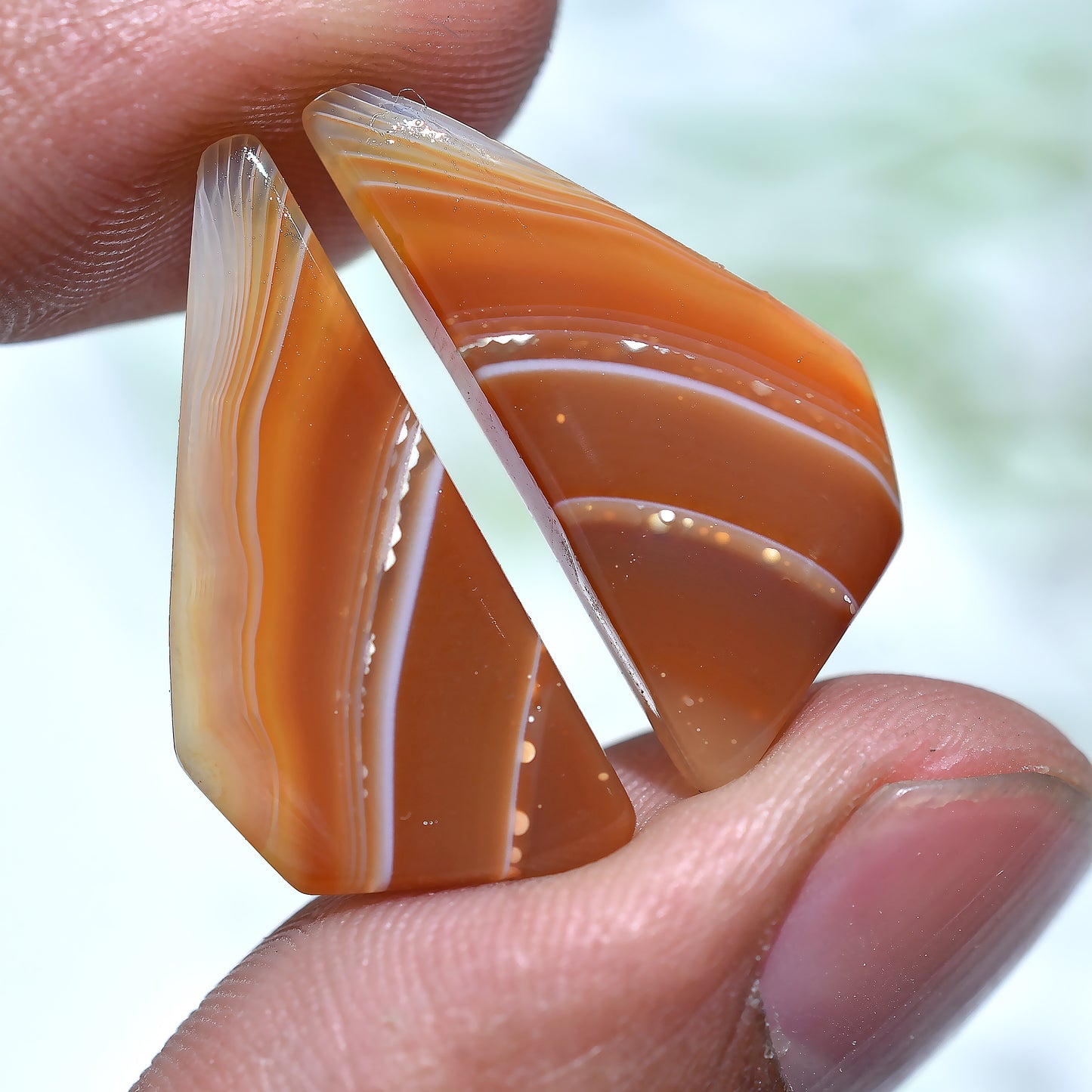 Glorious Orange Banded Agate Gemstone Pair - Polished Natural Cabochons For Earrings