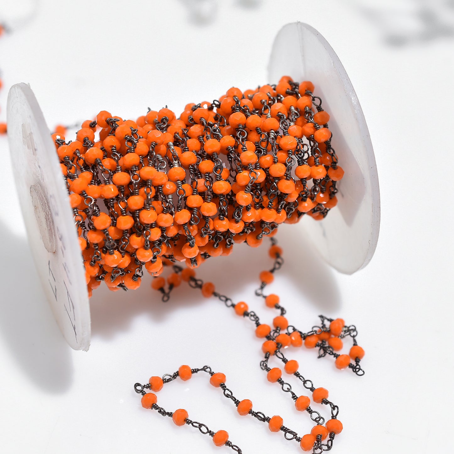 Elegant Orange Coral Hydro Beaded Rosary – Handmade Black Plated Gemstone Linking Chain for DIY Jewelry