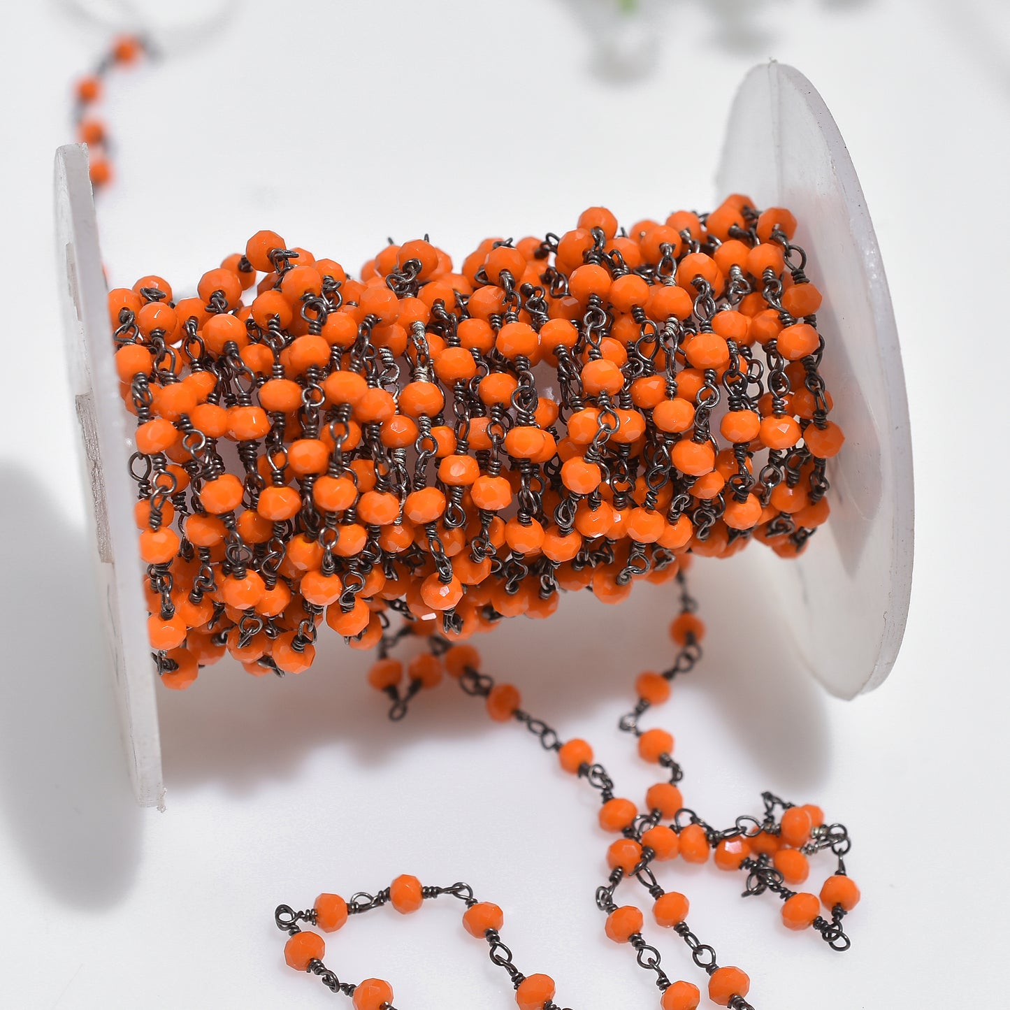 Elegant Orange Coral Hydro Beaded Rosary – Handmade Black Plated Gemstone Linking Chain for DIY Jewelry