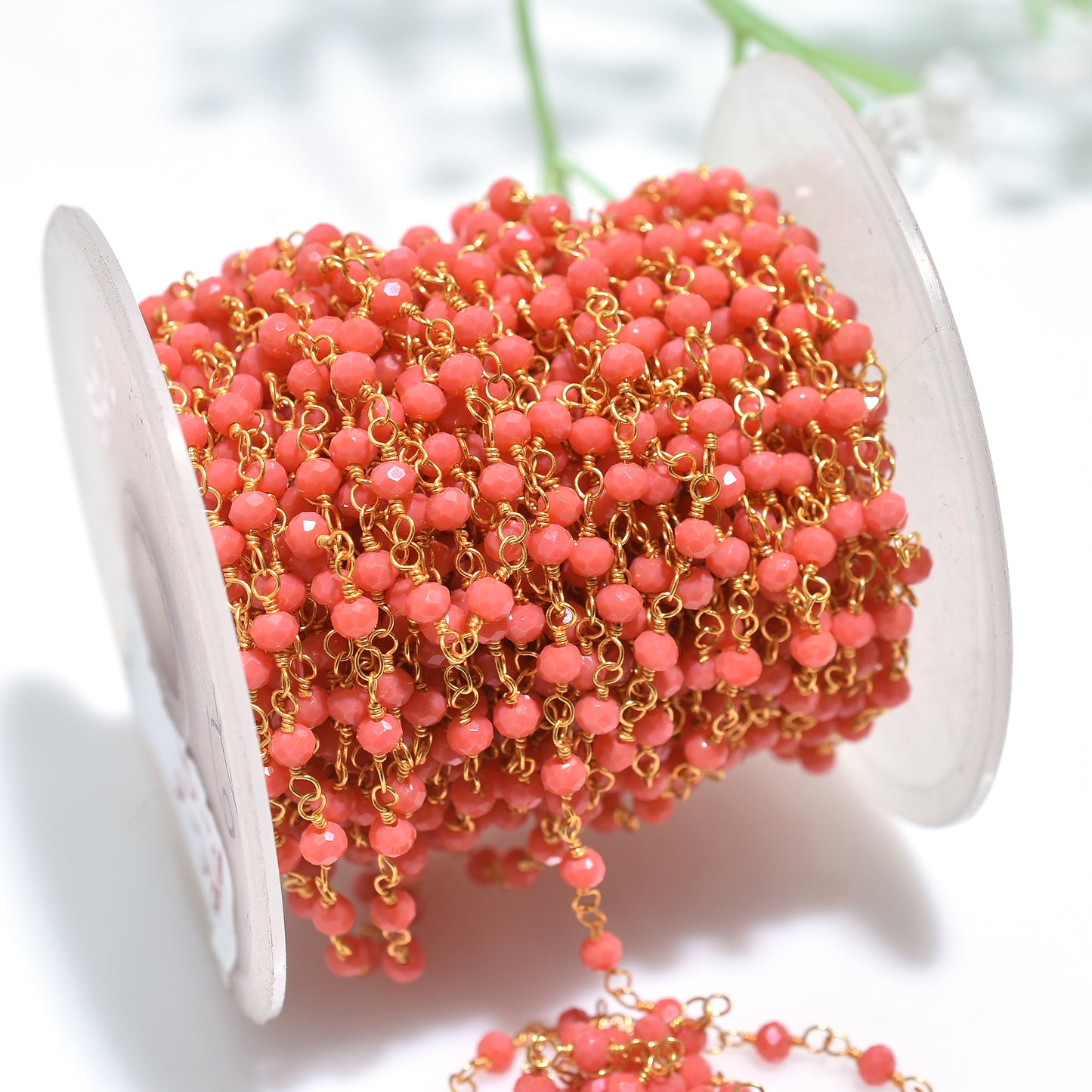 Orange Coral Golden Plating Rosary Chains-Wholesale Stone Beaded Linking Connector Chain lot