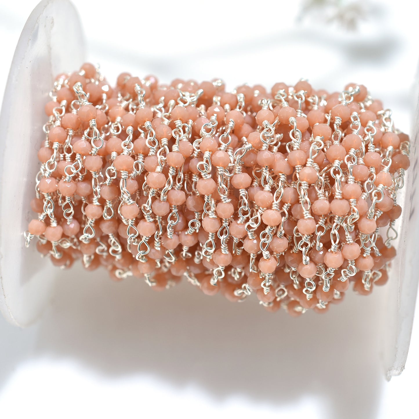 Delicate Peach Moonstone Hydro Bead Chain Lot - Silver Plating Rosary Strand For DIY Jewelry