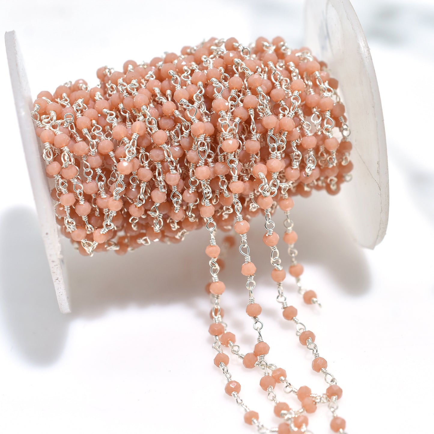 Delicate Peach Moonstone Hydro Bead Chain Lot - Silver Plating Rosary Strand For DIY Jewelry