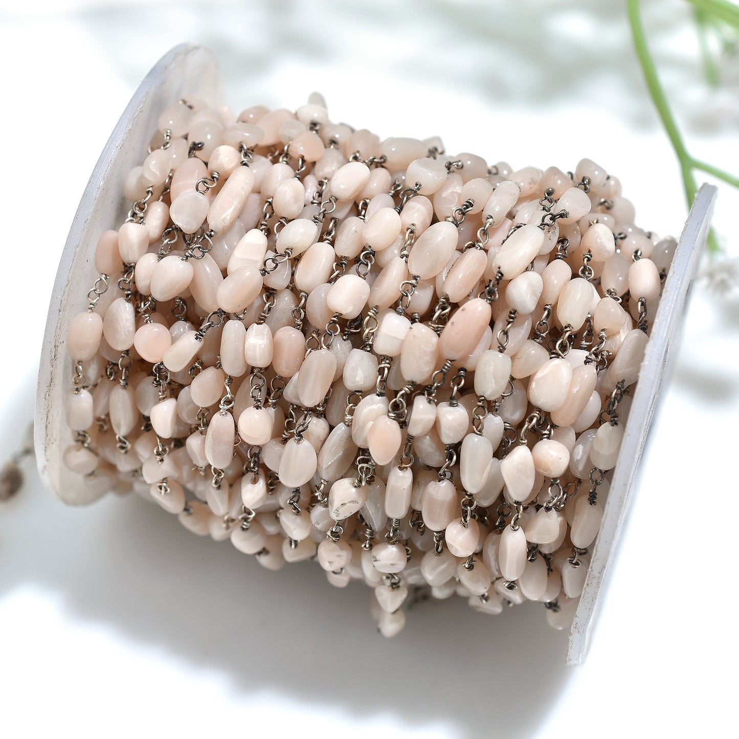 Wholesale Peach Moonstone Tumbled Rosary - Smooth Nuggets Silver Plated Beads Chain Lot for Jewelry