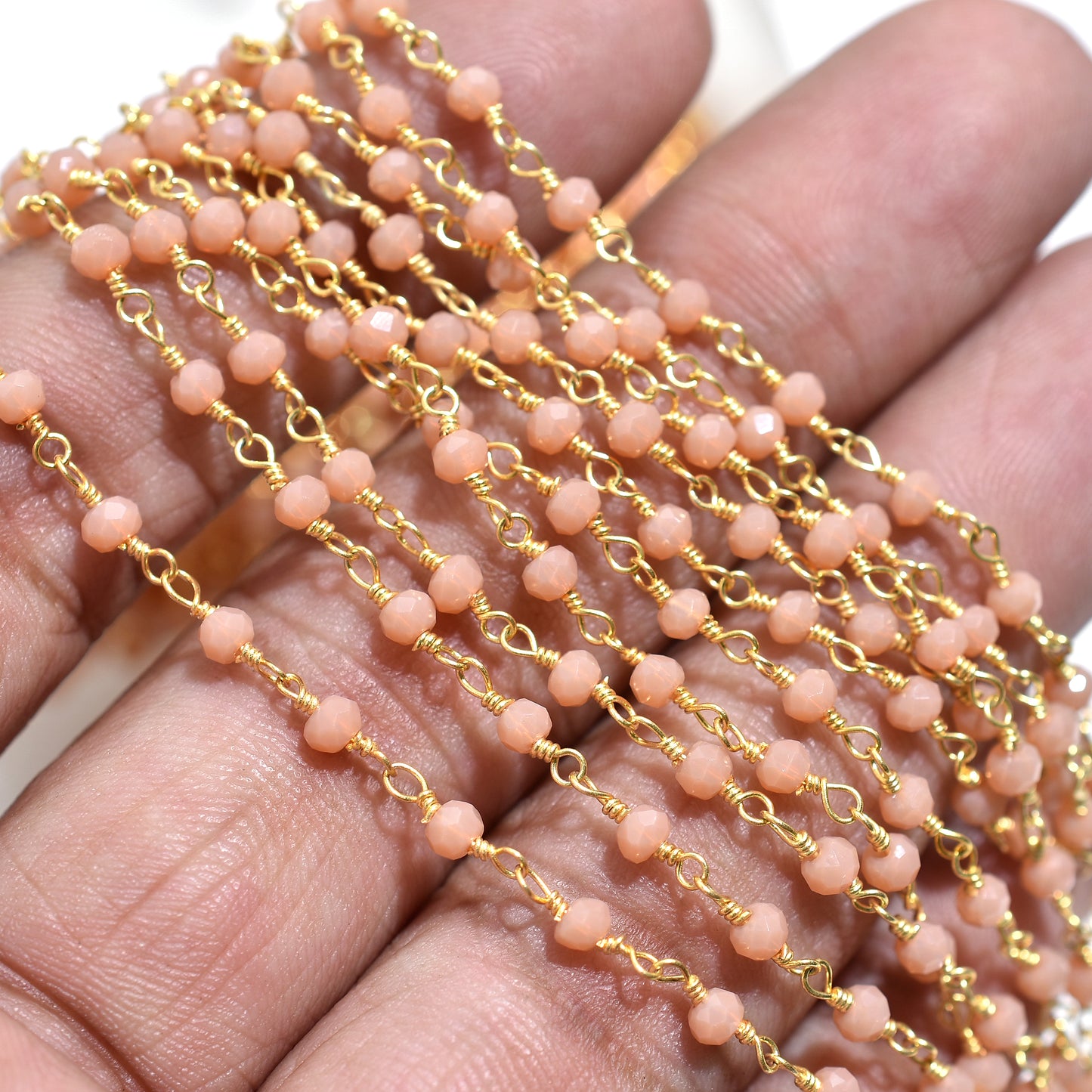 Wholesale Peach Moonstone Hydro Beaded Rosary Chain – Gold Plated Wire Wrapped Gemstone Connectors Beads for Craft Jewelry