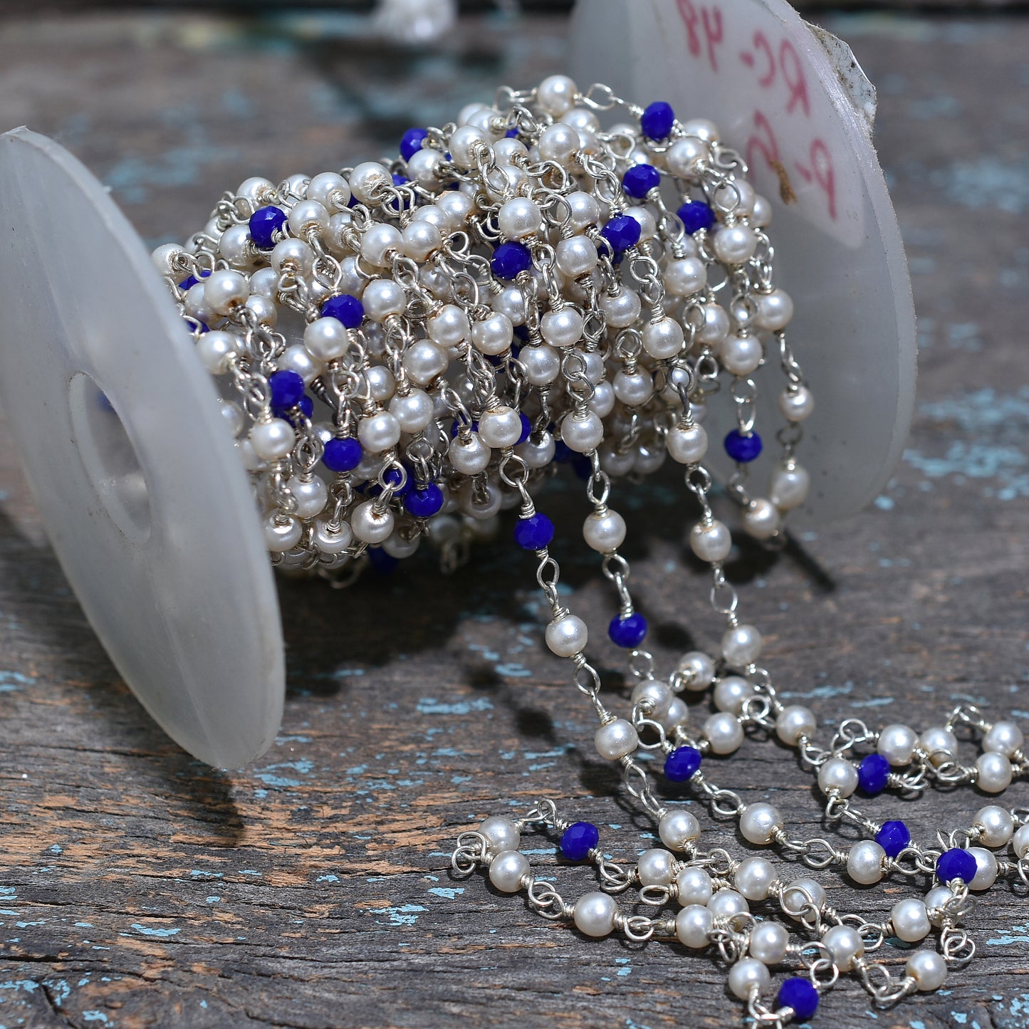 Classic Pearl & Lapis Hydro Rosary Chain – Wholesale Silver Plated Wire Wrapped Beads For Custom Creations
