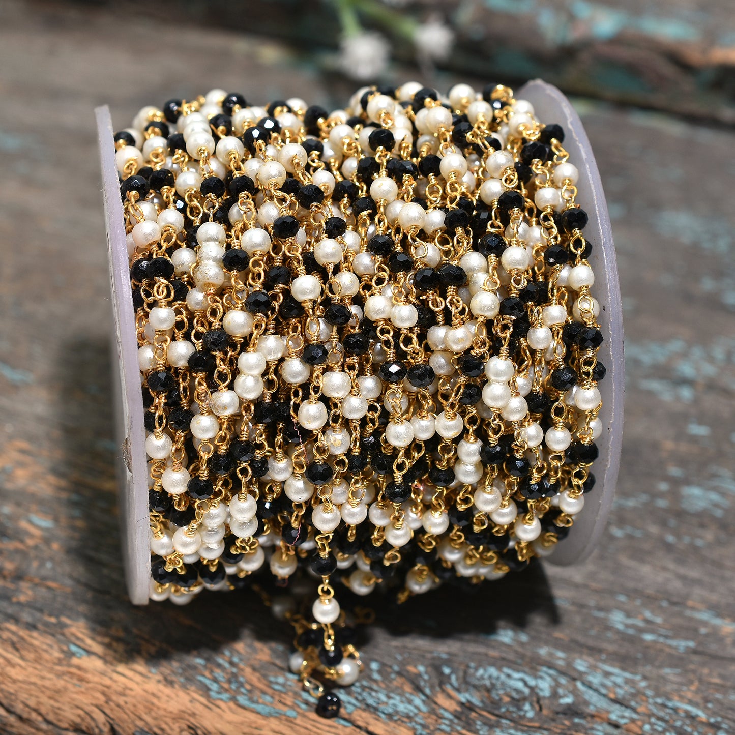Classic Pearl & Black Onyx Rosary - Wholesale Golden Wire Wrapped Gemstone Chain Lot