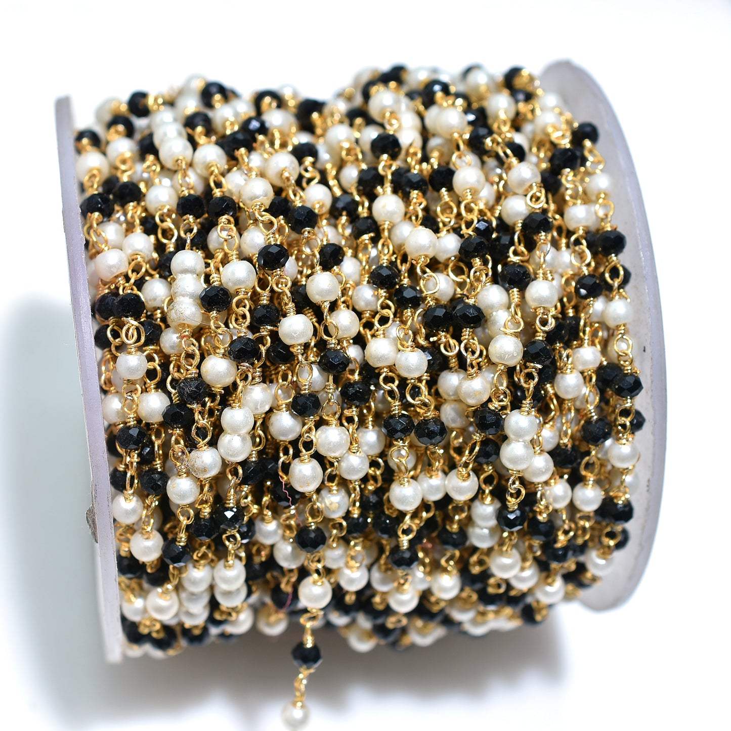 Classic Pearl & Black Onyx Rosary - Wholesale Golden Wire Wrapped Gemstone Chain Lot