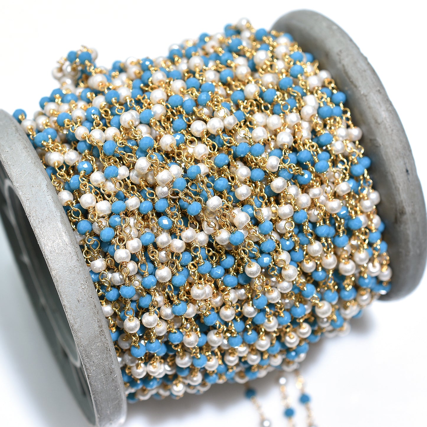 Ocean Glow Pearl & Blue Turquoise Rosary Chain – Hydro Gemstone Beads with Gold Plated Links For DIY Jewelry