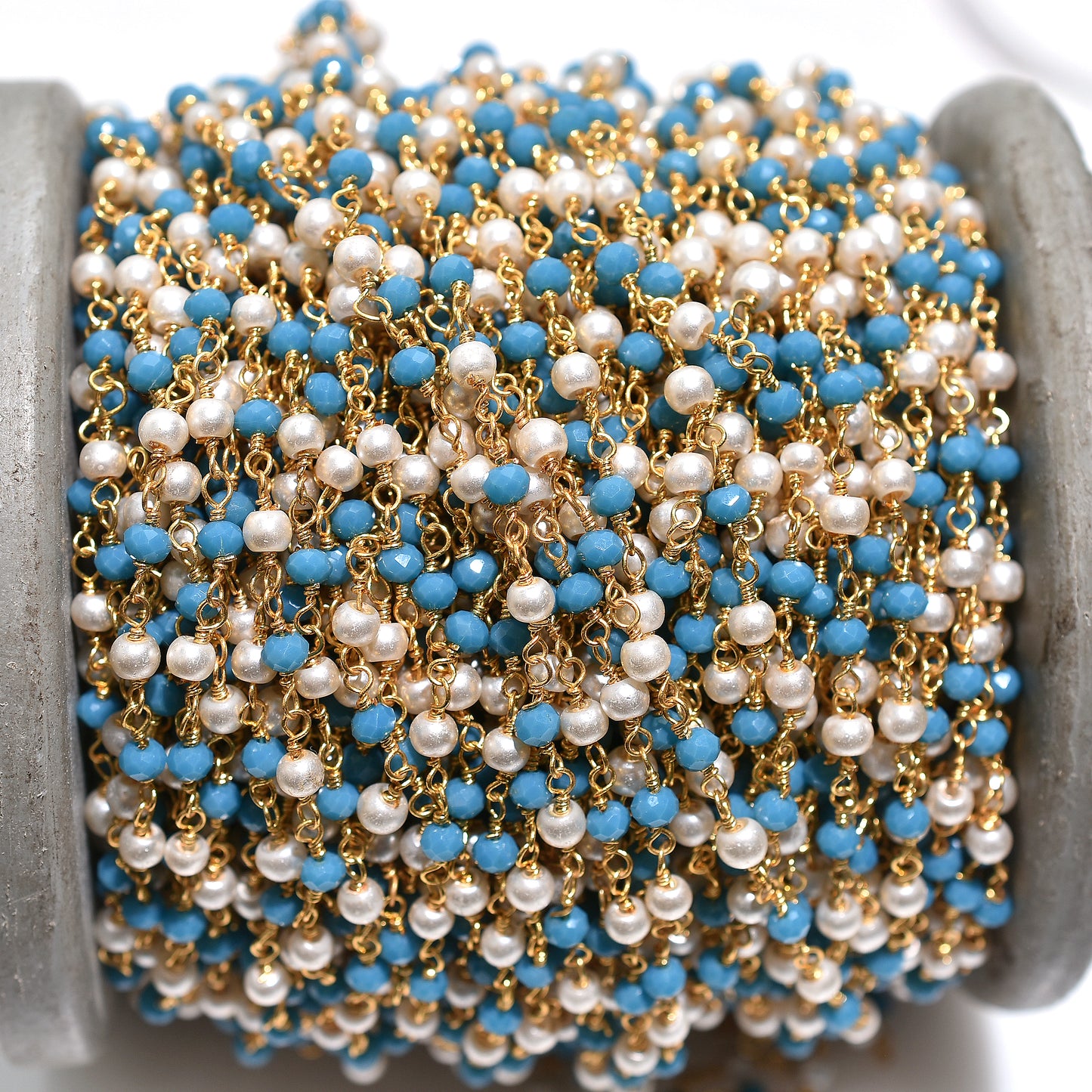 Ocean Glow Pearl & Blue Turquoise Rosary Chain – Hydro Gemstone Beads with Gold Plated Links For DIY Jewelry