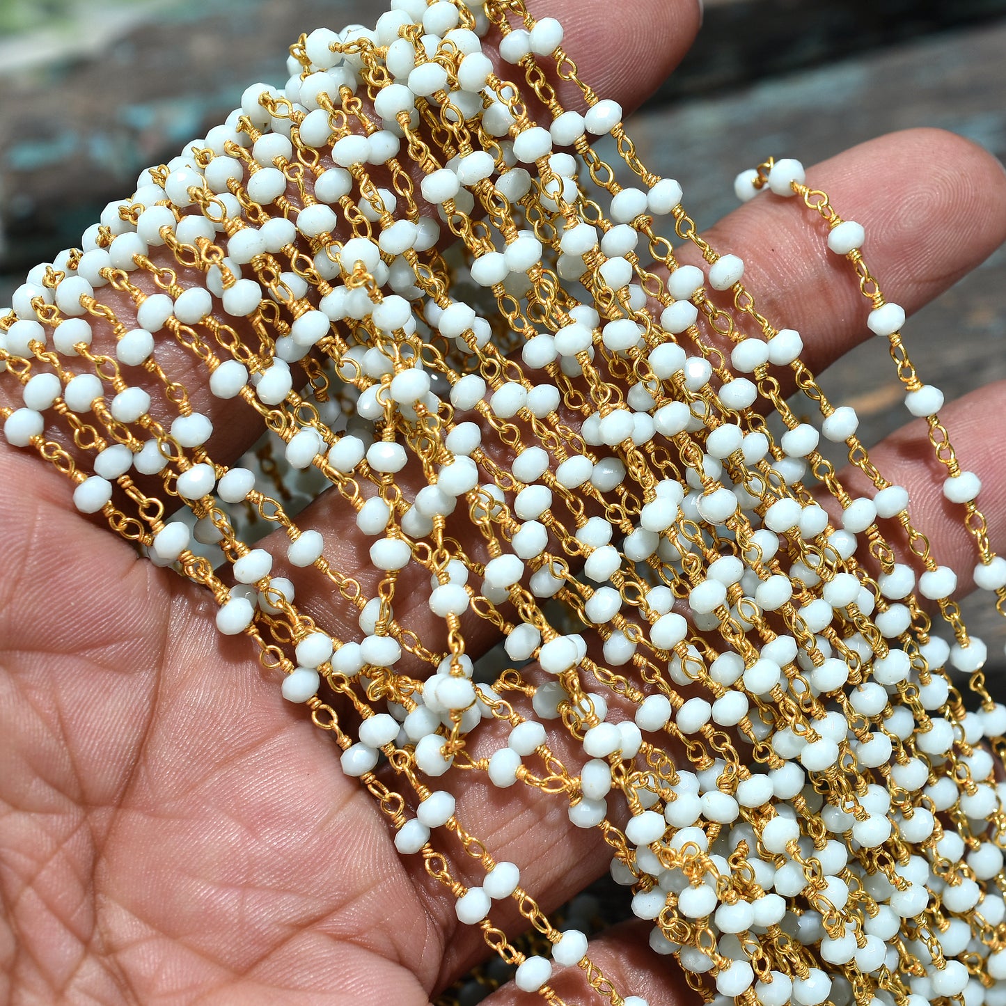 Delicate Peru Opal Beaded Rosary – Wholesale Gold Plated Linking Chain for Crafting