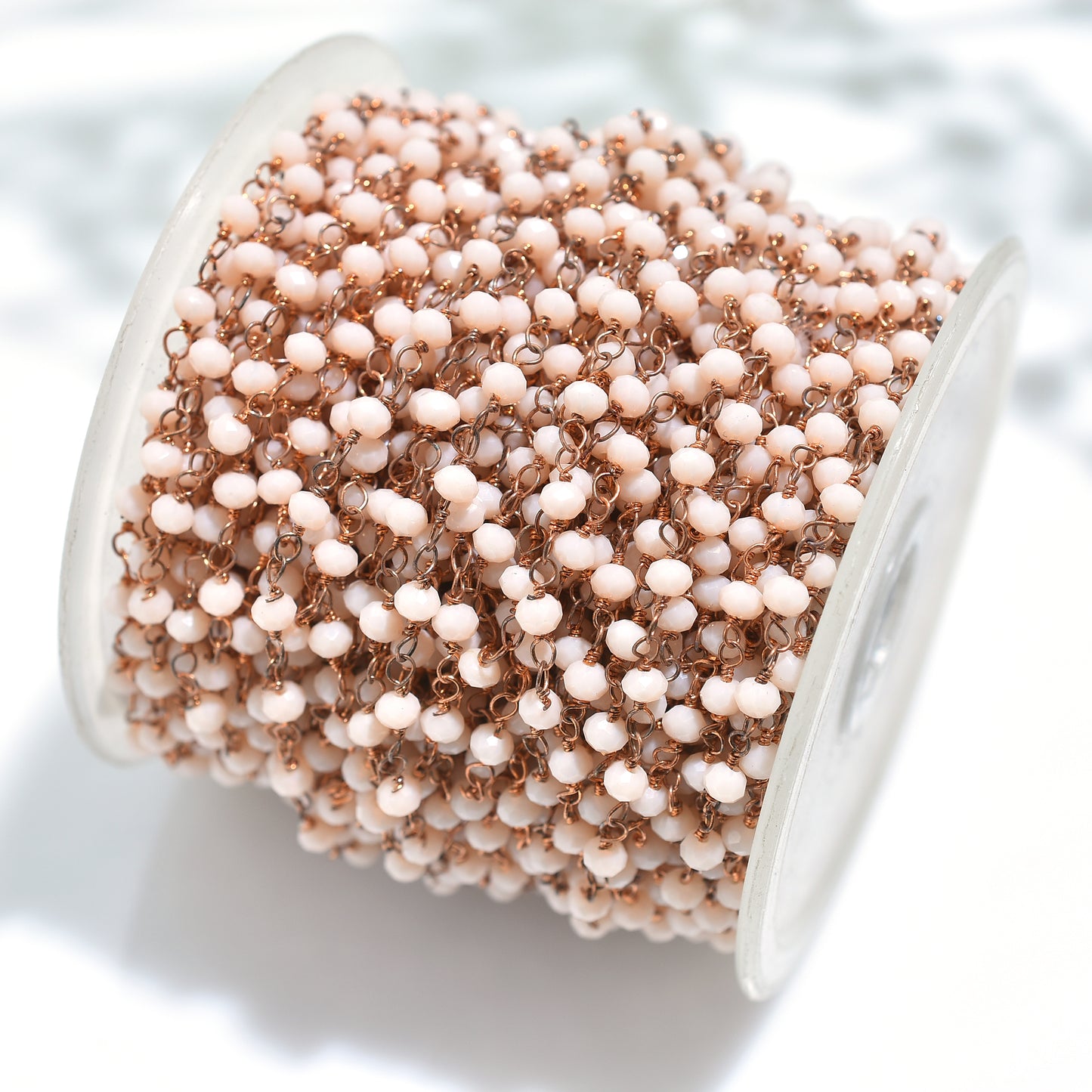 Soft Pink Opal Rosary Chain – Rose Gold Plated Beaded Links for Jewelry Making