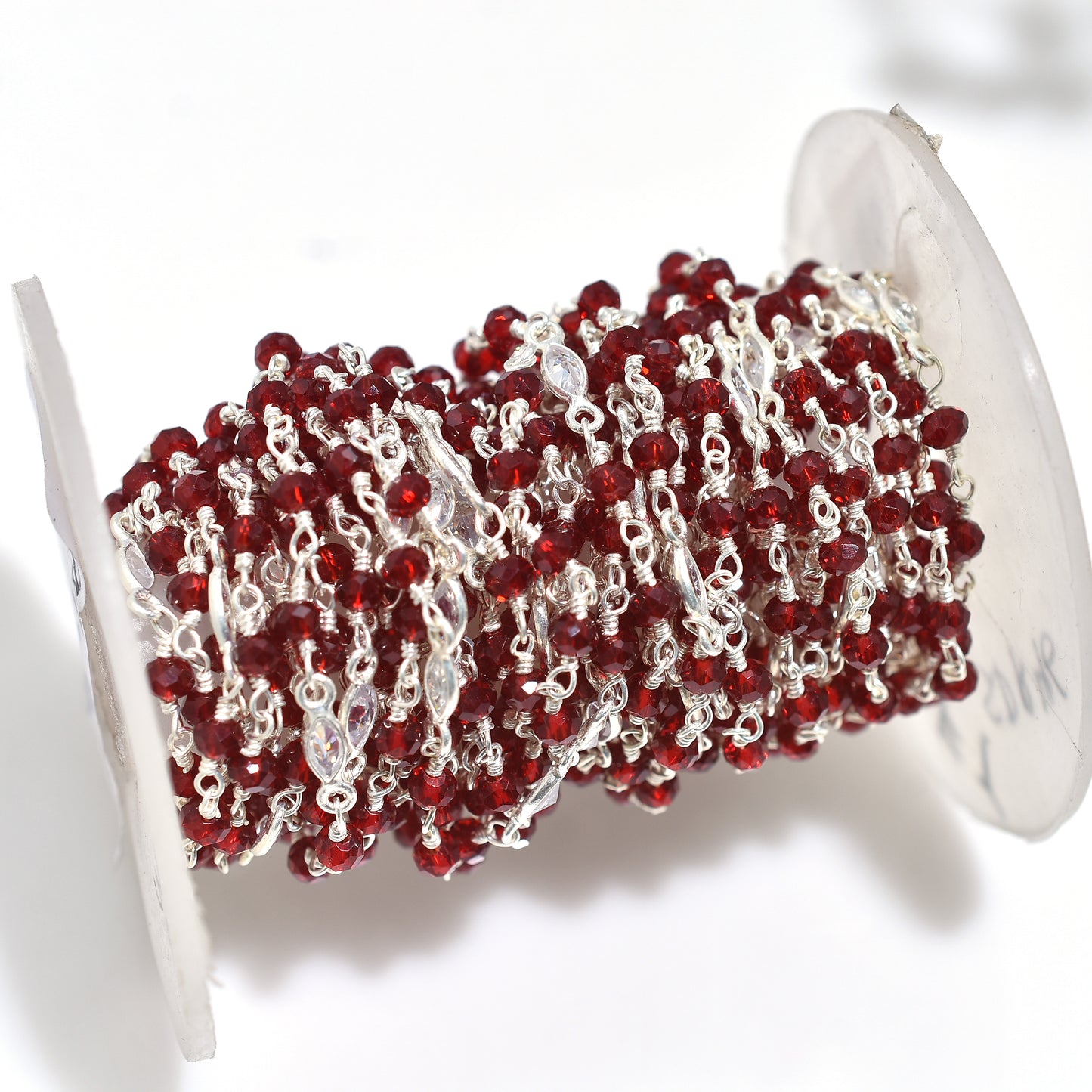 Dazzling Red Garnet Hydro Beaded Chain with Zircon Accents – Silver Plated Wire Wrapped Rosary Gemstone Jewelry