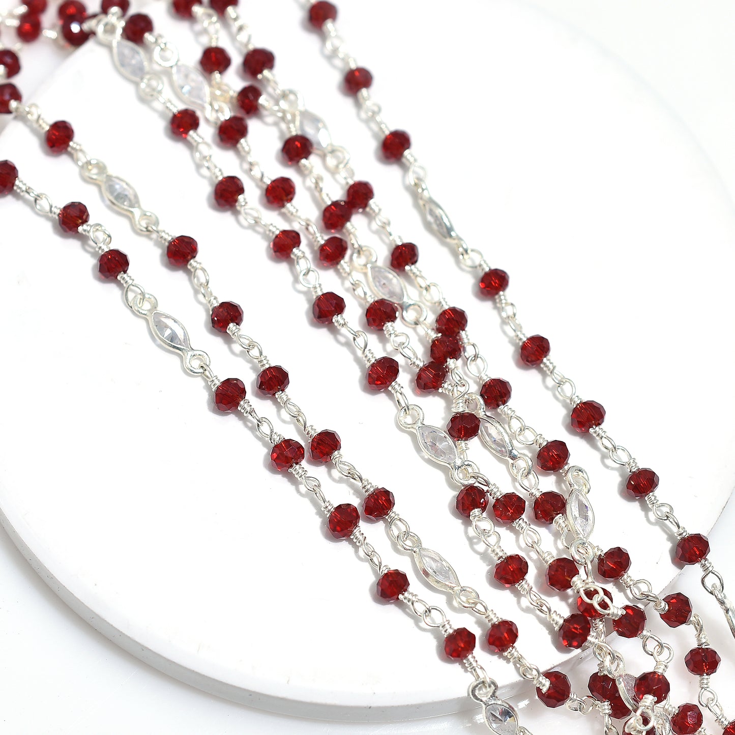 Dazzling Red Garnet Hydro Beaded Chain with Zircon Accents – Silver Plated Wire Wrapped Rosary Gemstone Jewelry