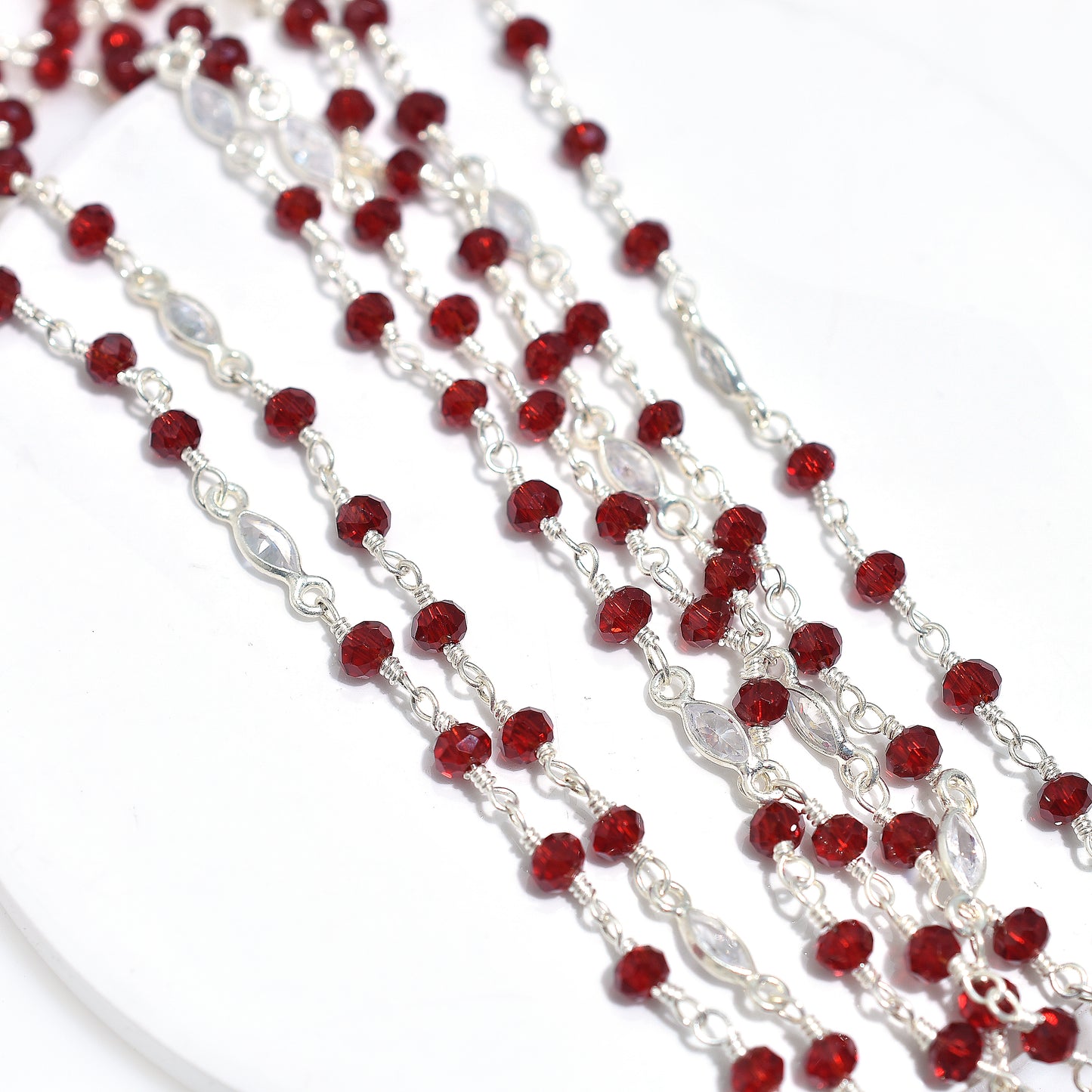 Dazzling Red Garnet Hydro Beaded Chain with Zircon Accents – Silver Plated Wire Wrapped Rosary Gemstone Jewelry