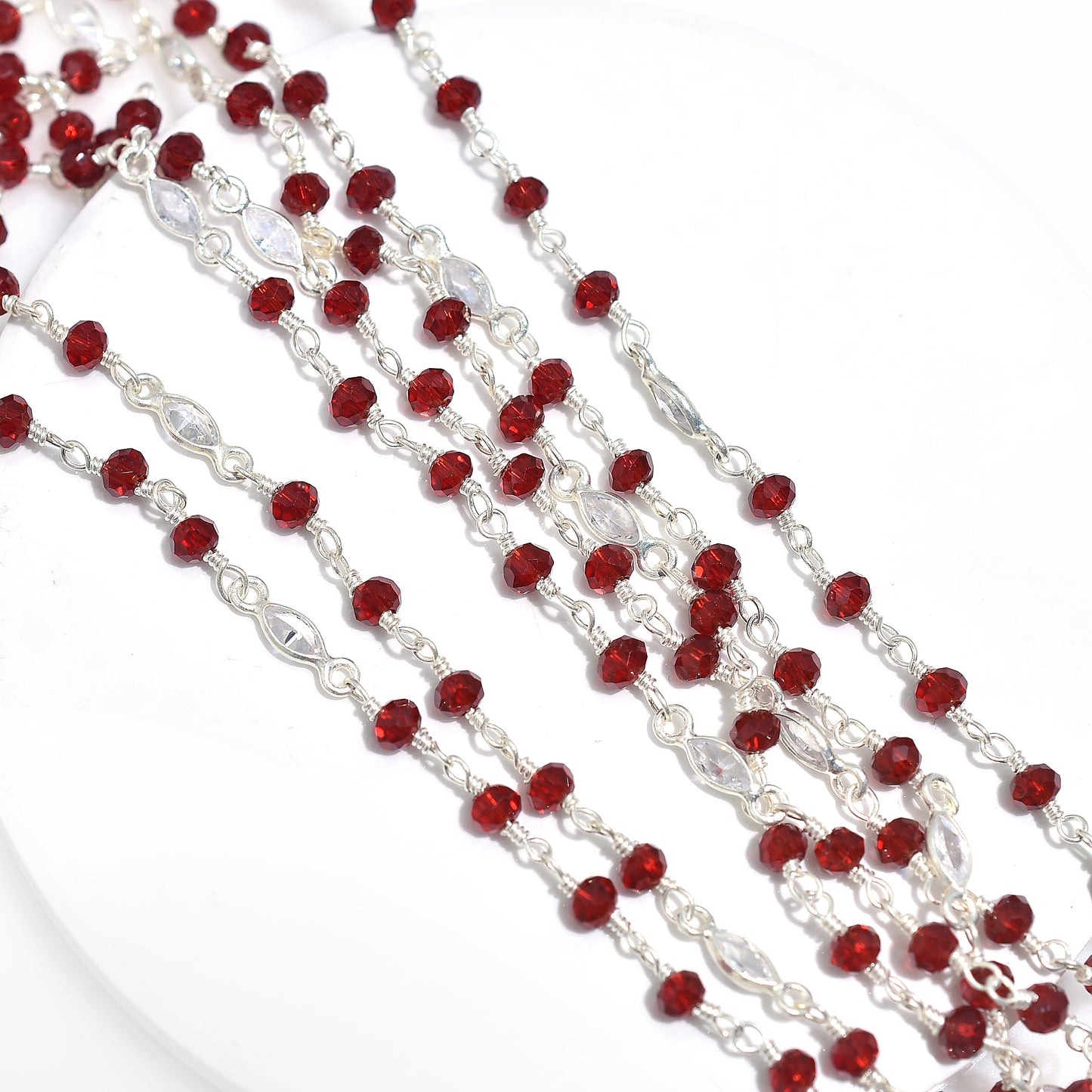 Dazzling Red Garnet Hydro Beaded Chain with Zircon Accents – Silver Plated Wire Wrapped Rosary Gemstone Jewelry