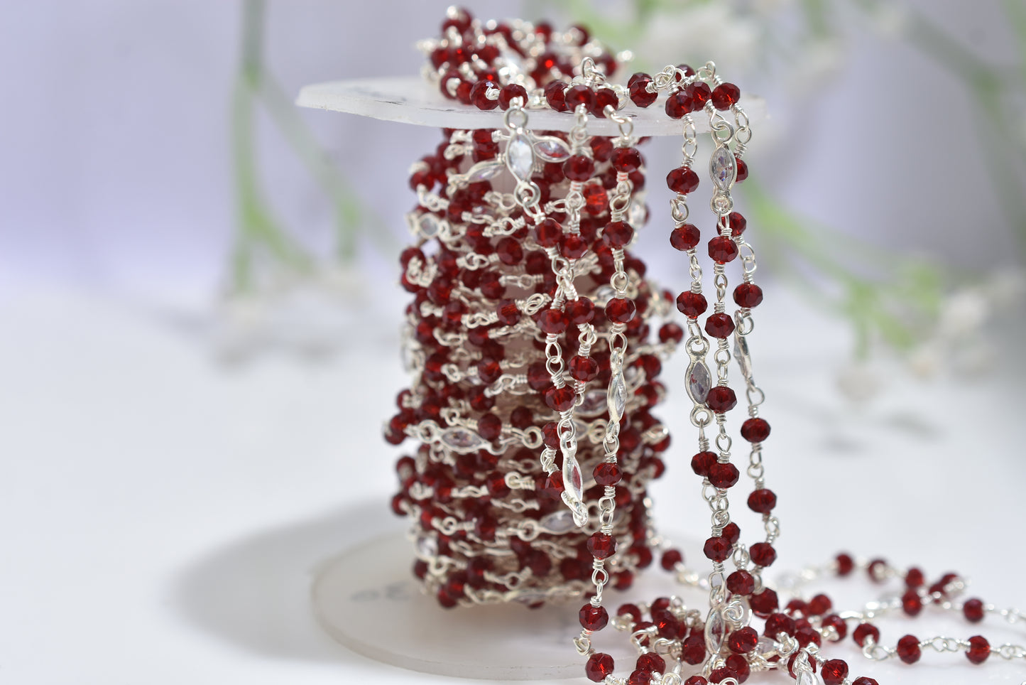 Dazzling Red Garnet Hydro Beaded Chain with Zircon Accents – Silver Plated Wire Wrapped Rosary Gemstone Jewelry
