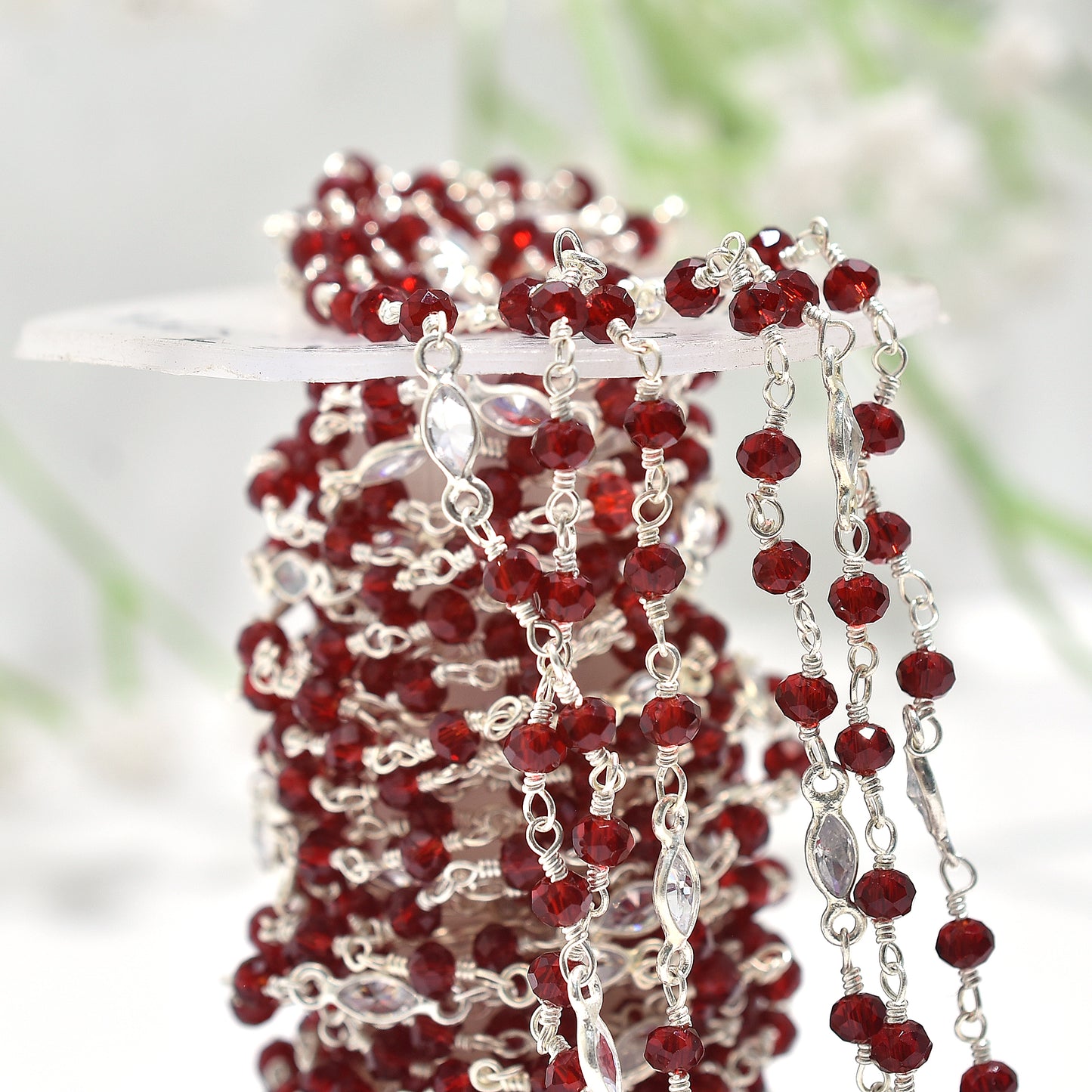 Dazzling Red Garnet Hydro Beaded Chain with Zircon Accents – Silver Plated Wire Wrapped Rosary Gemstone Jewelry