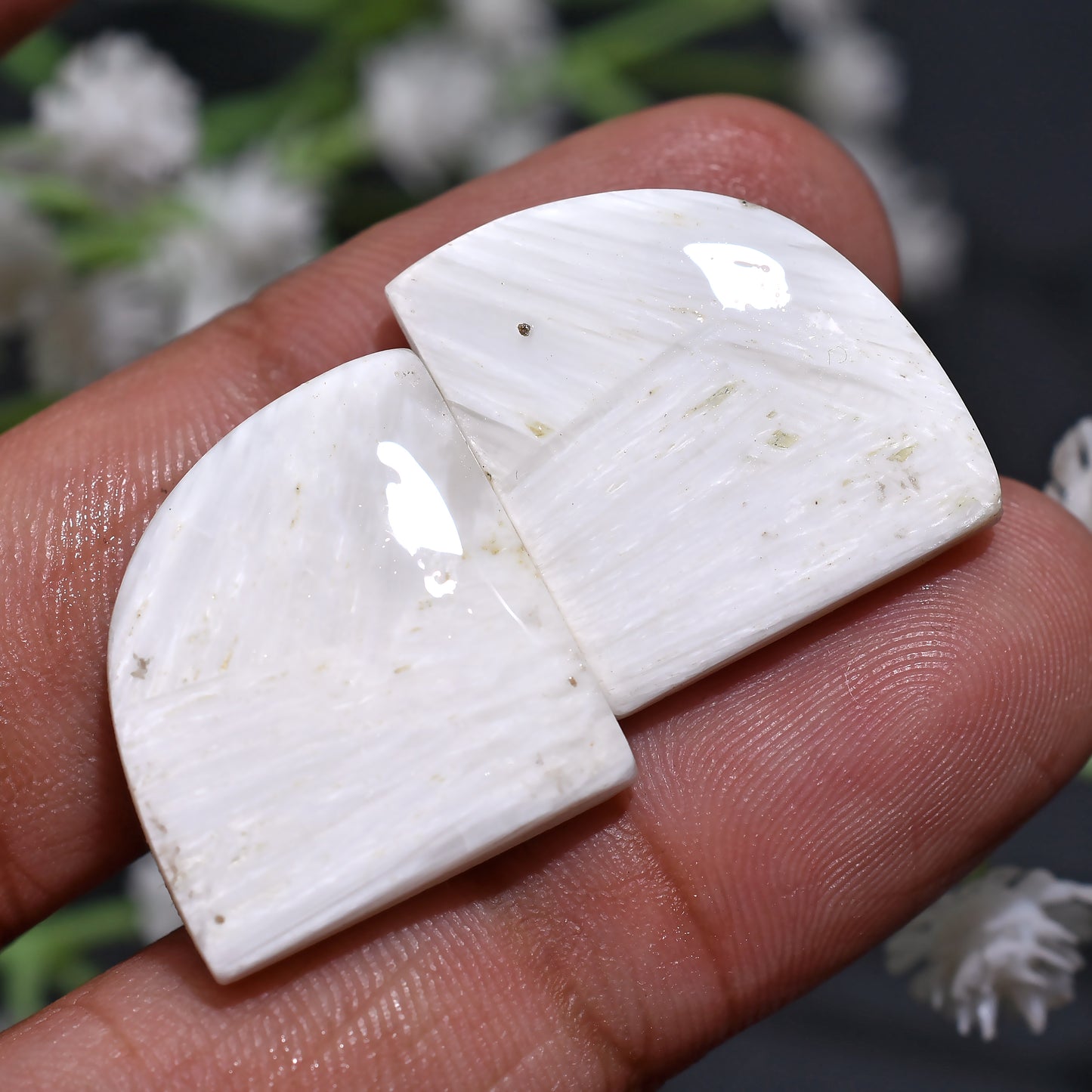 Fancy Shaped Scolecite Gemstone Pair – Matched Cabochons For Jewelry