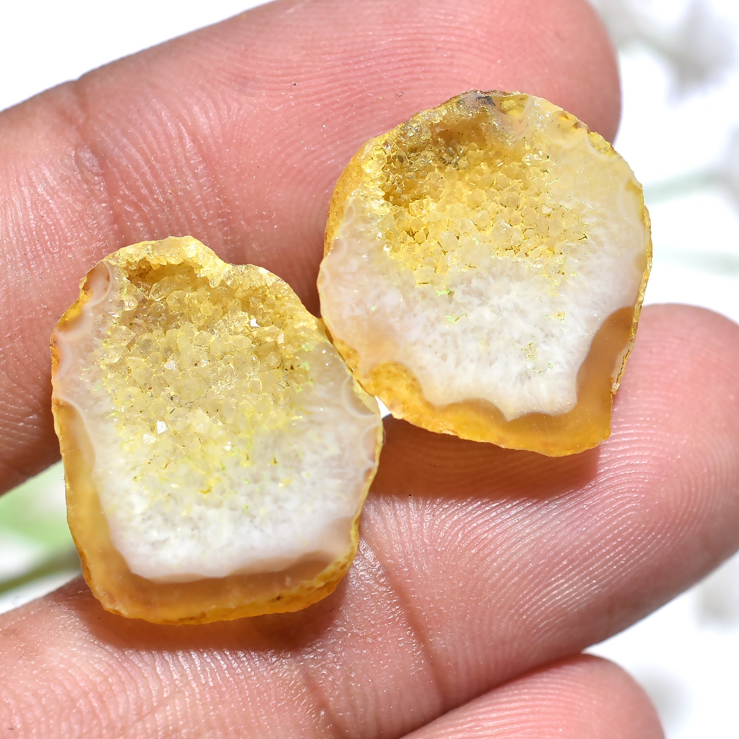 Yellow Window Druzy Gemstone Pair – Sparkling Solar Quartz Matching Set