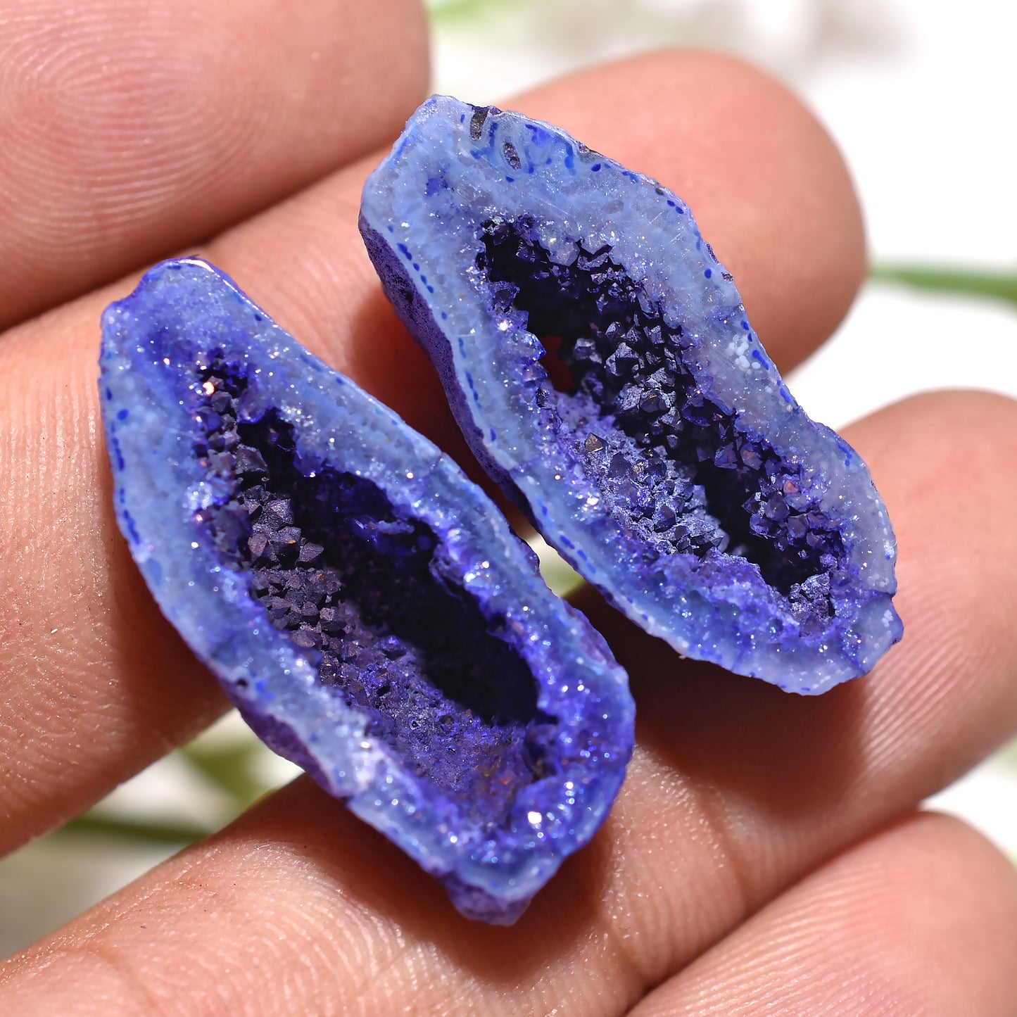 Royal Blue Solar Quartz Druzy Pair – Sparkling Gemstone Duo for Earrings & Jewelry (11x27x8mm,/28ct)