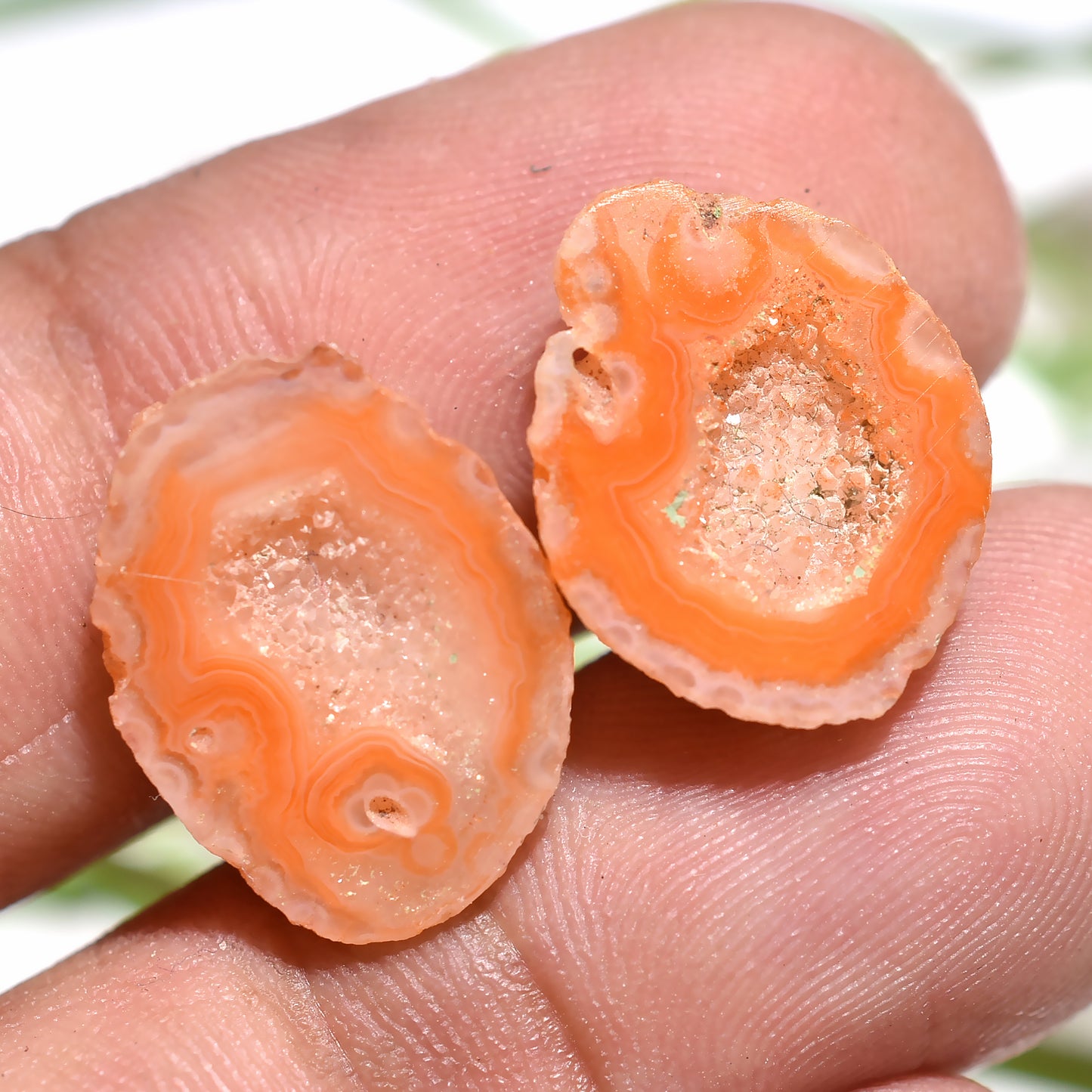 Orange Druzy Quartz Pair – Sparkling Solar Geode Slice Cabochons (13x17x2mm,/10ct)
