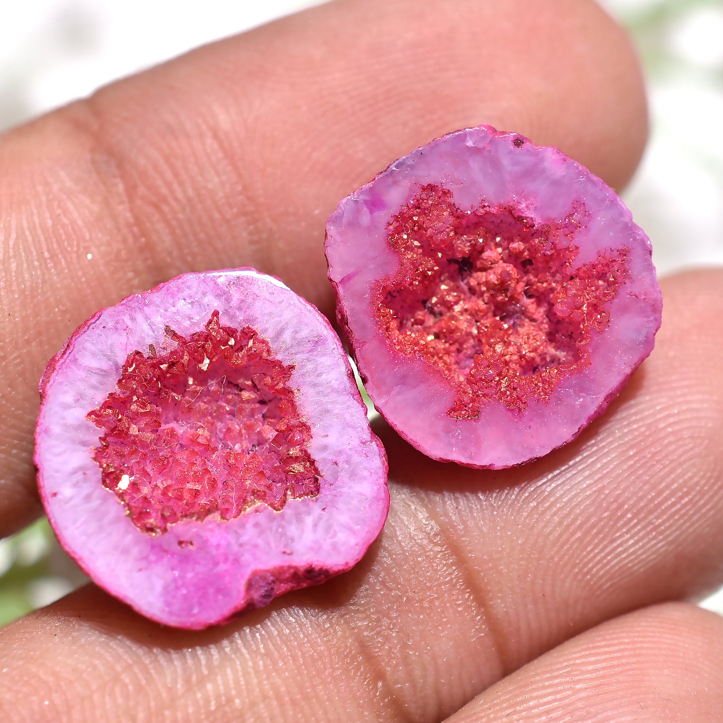 Stunning Pink Solar Quartz Druzy Pair – Sparkling Crystal Geode Gemstone Set (15x15x3mm,/15ct)