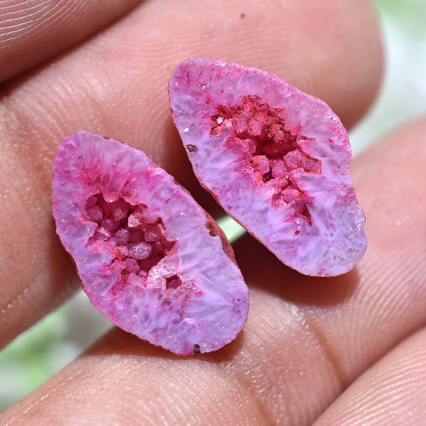 Bold Pink Solar Quartz Druzy Pair – Unique Jewelry Making Gemstones (9x17x5mm,/11ct)