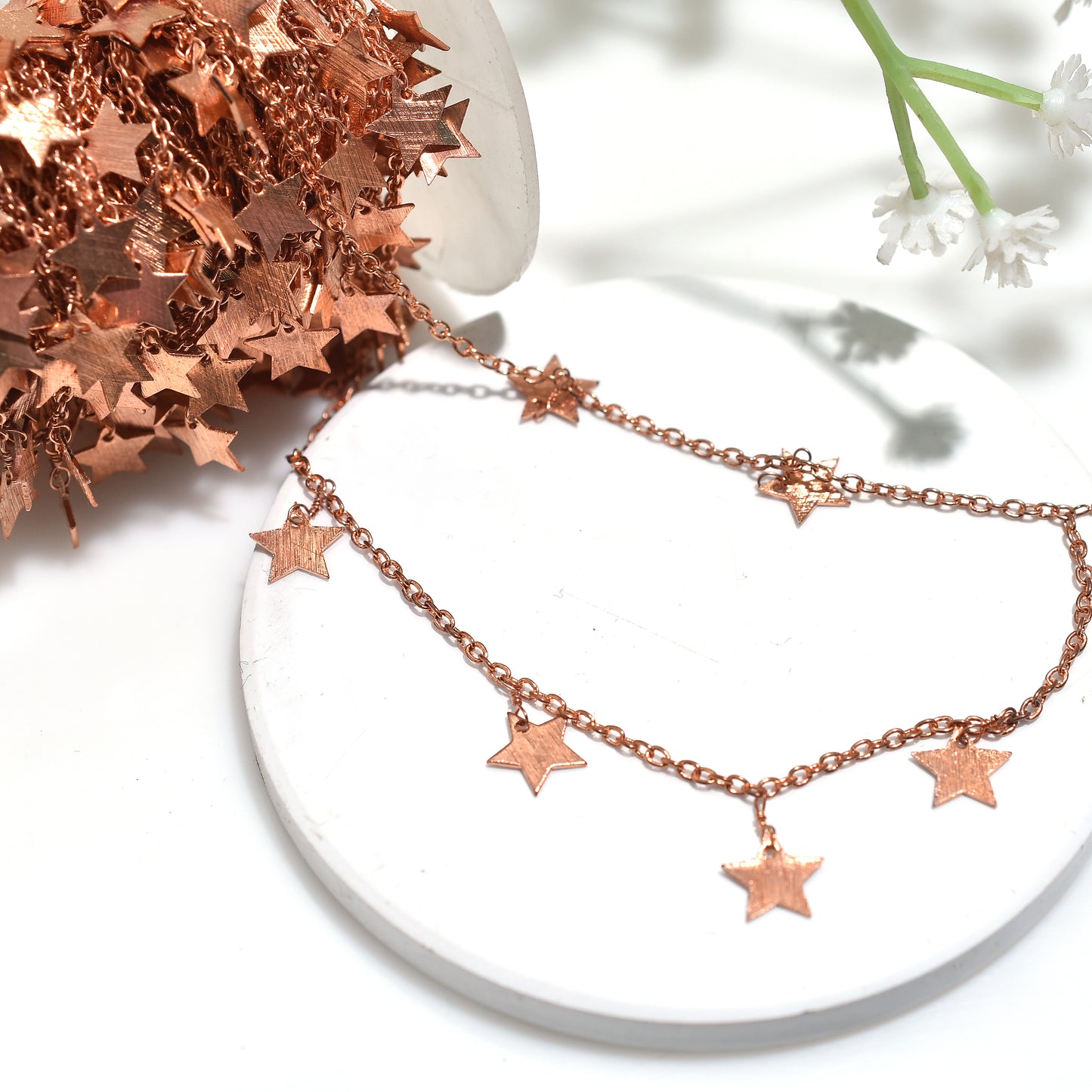 Rose Gold Plated Dangle Rosary Chain – Wholesale Star Link Chain Roll for Handmade Jewelry
