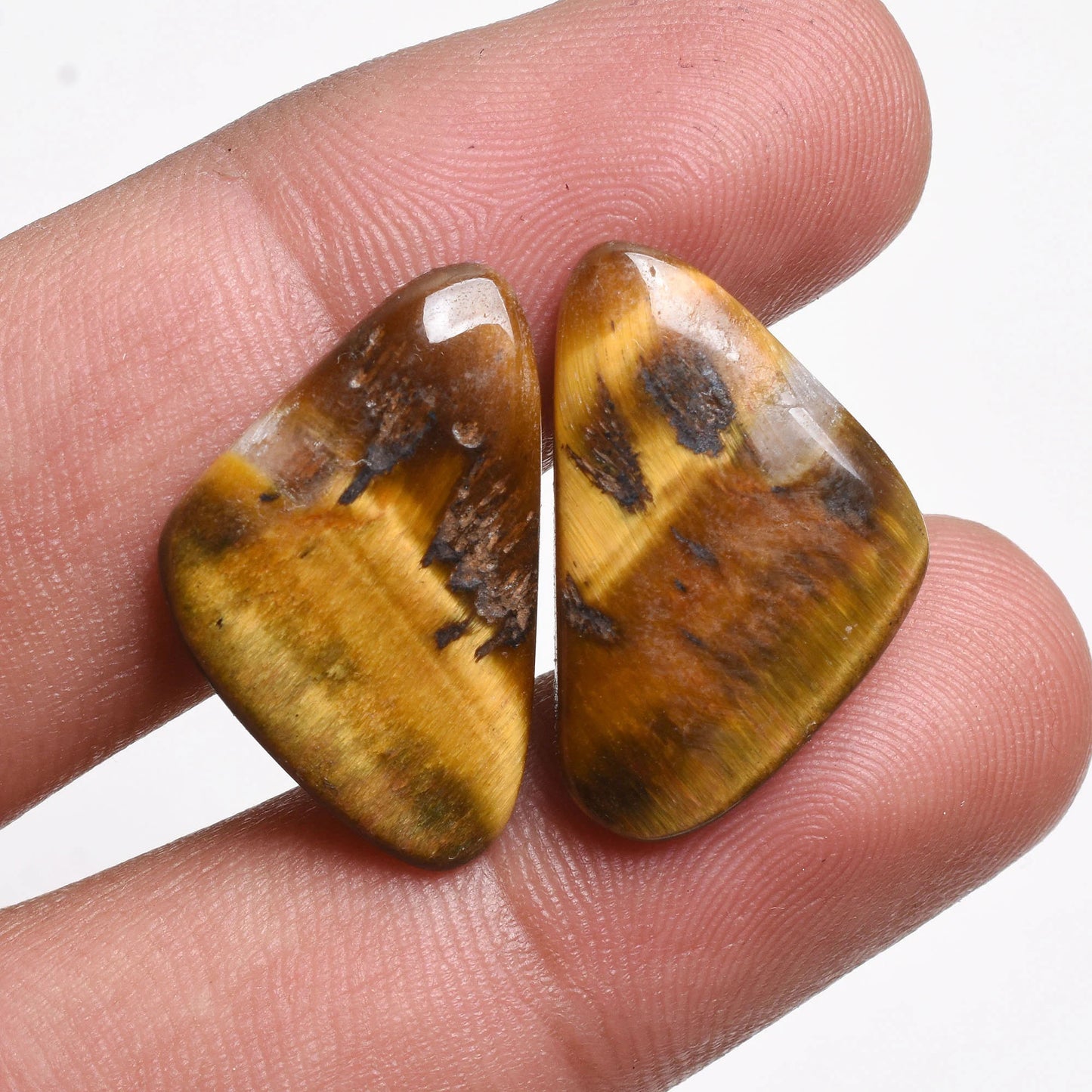 Natural Yellow Tiger Eye Gemstone Pair, Fancy Shaped Stone
