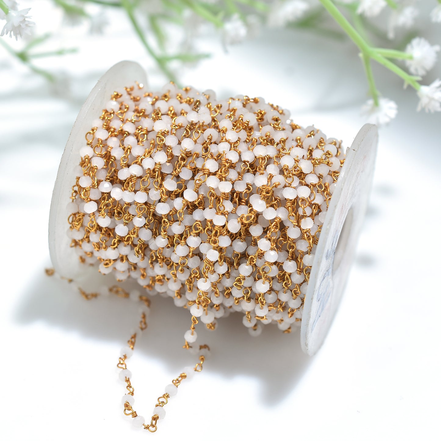 Luxe White Quartz Hydro Beads Rosary Chain – Wholesale Gold Finish Link Chain for Crafts