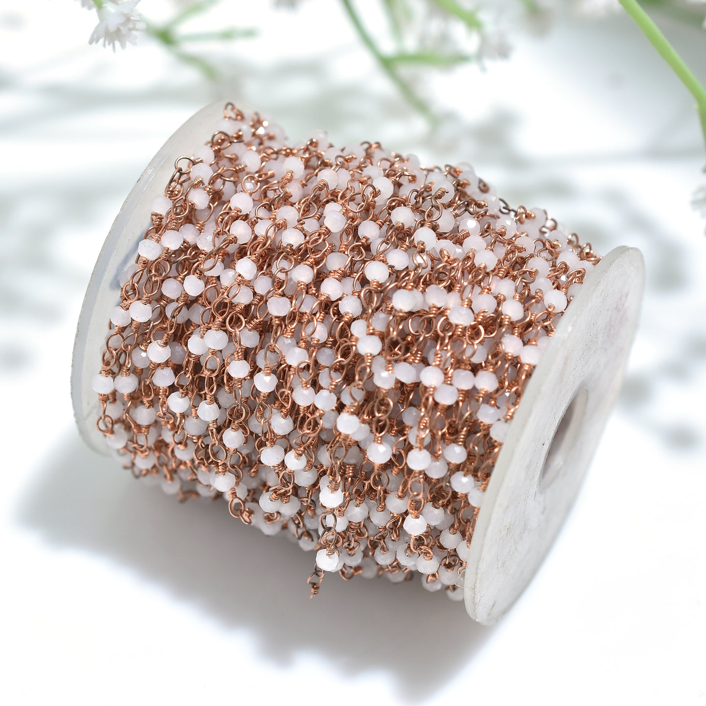 Elegant White Quartz Hydro Beaded Rosary Chain – Rose Gold Plated Links for DIY Jewelry