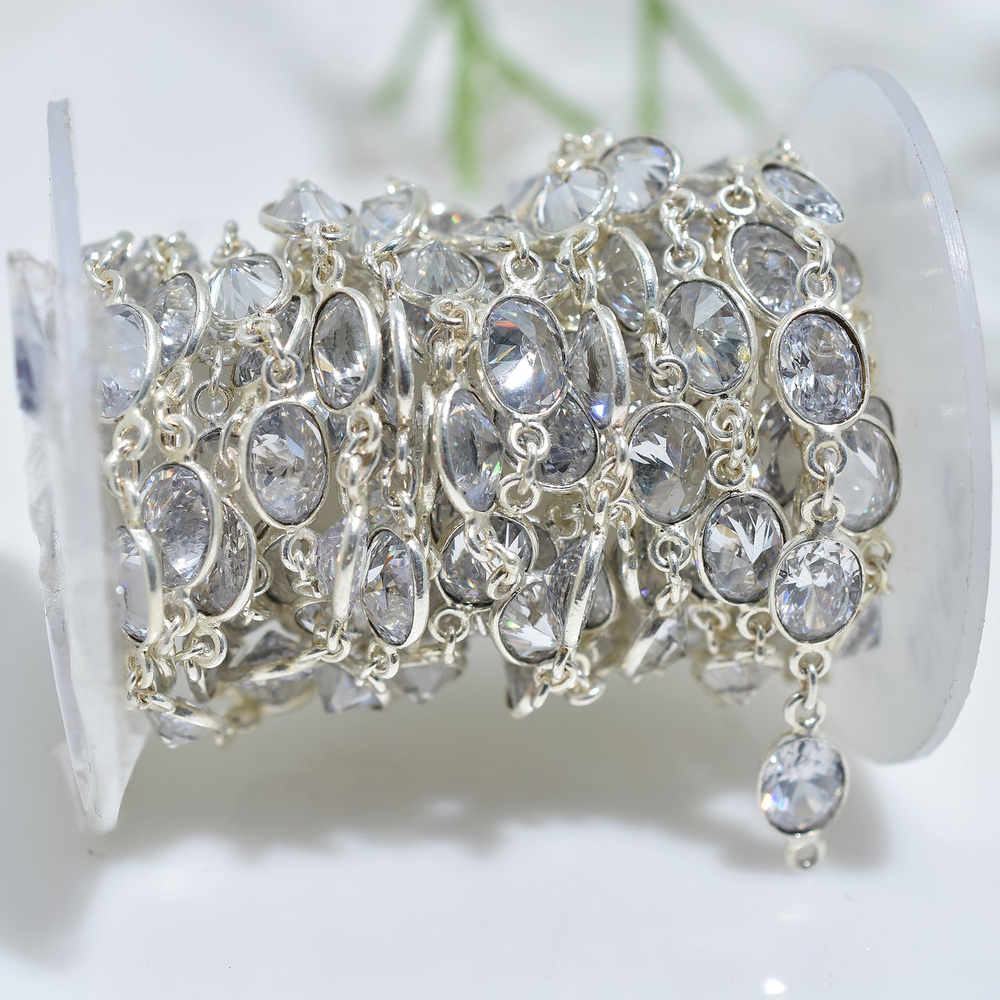 Brilliant Clear Zirconia Rosary Chain – Wholesale Silver Plated Oval Bezel Gemstone Chain