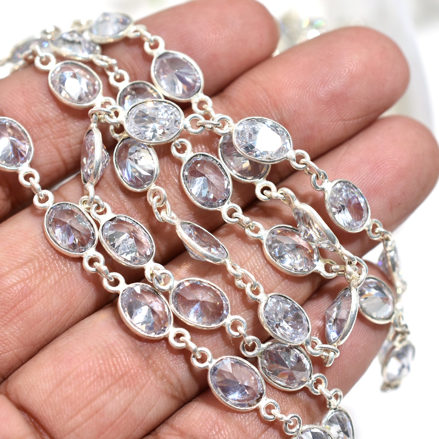 Brilliant Clear Zirconia Rosary Chain – Wholesale Silver Plated Oval Bezel Gemstone Chain