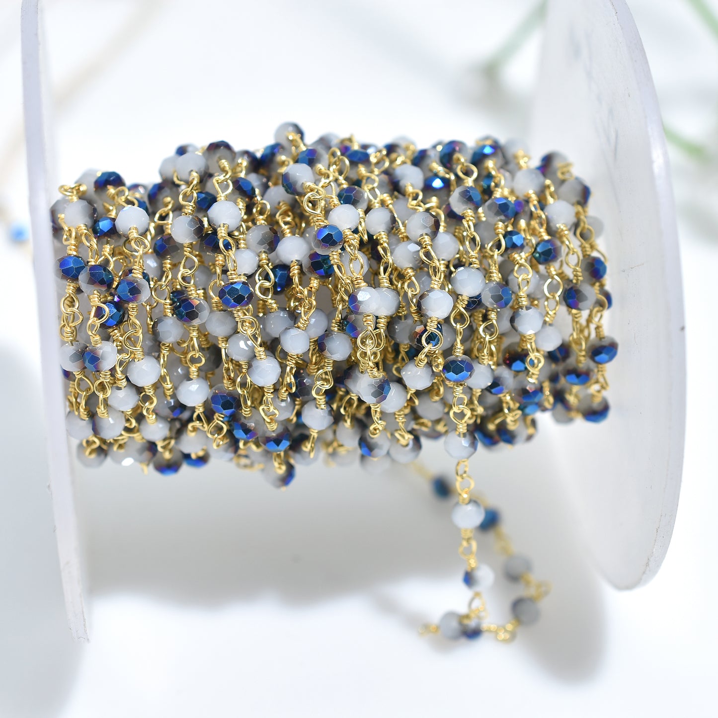 Sparkling Blue Chalcedony Rosary Golden Plating Chain - Wholesale Silver Coated Stone Beads Lot