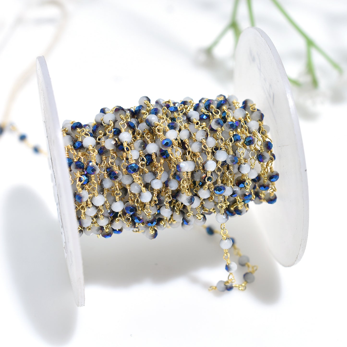 Sparkling Blue Chalcedony Rosary Golden Plating Chain - Wholesale Silver Coated Stone Beads Lot