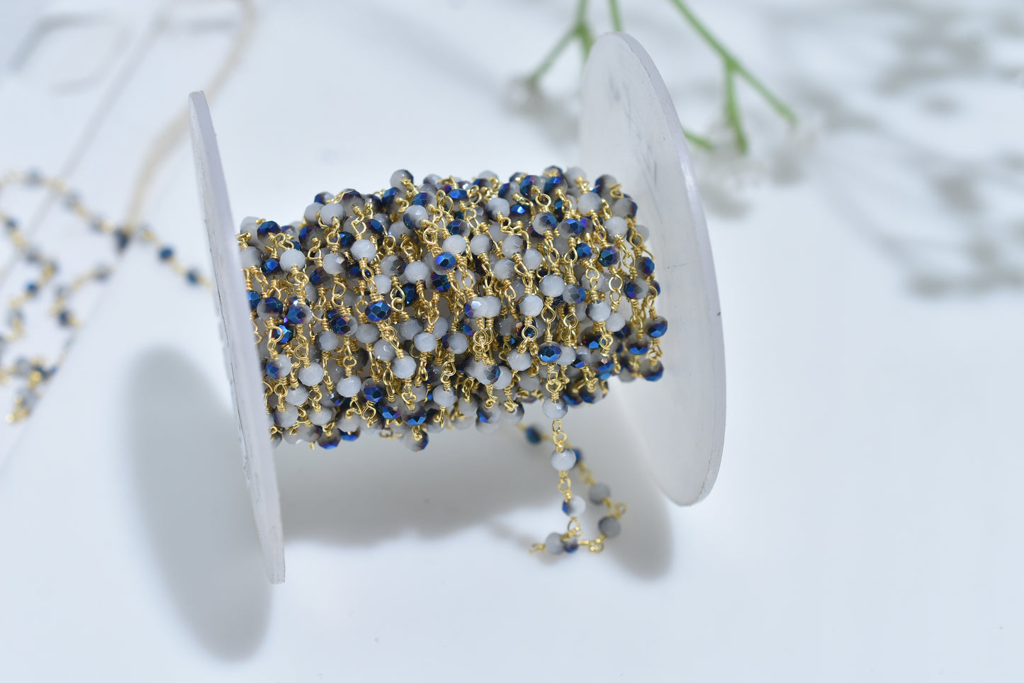 Sparkling Blue Chalcedony Rosary Golden Plating Chain - Wholesale Silver Coated Stone Beads Lot