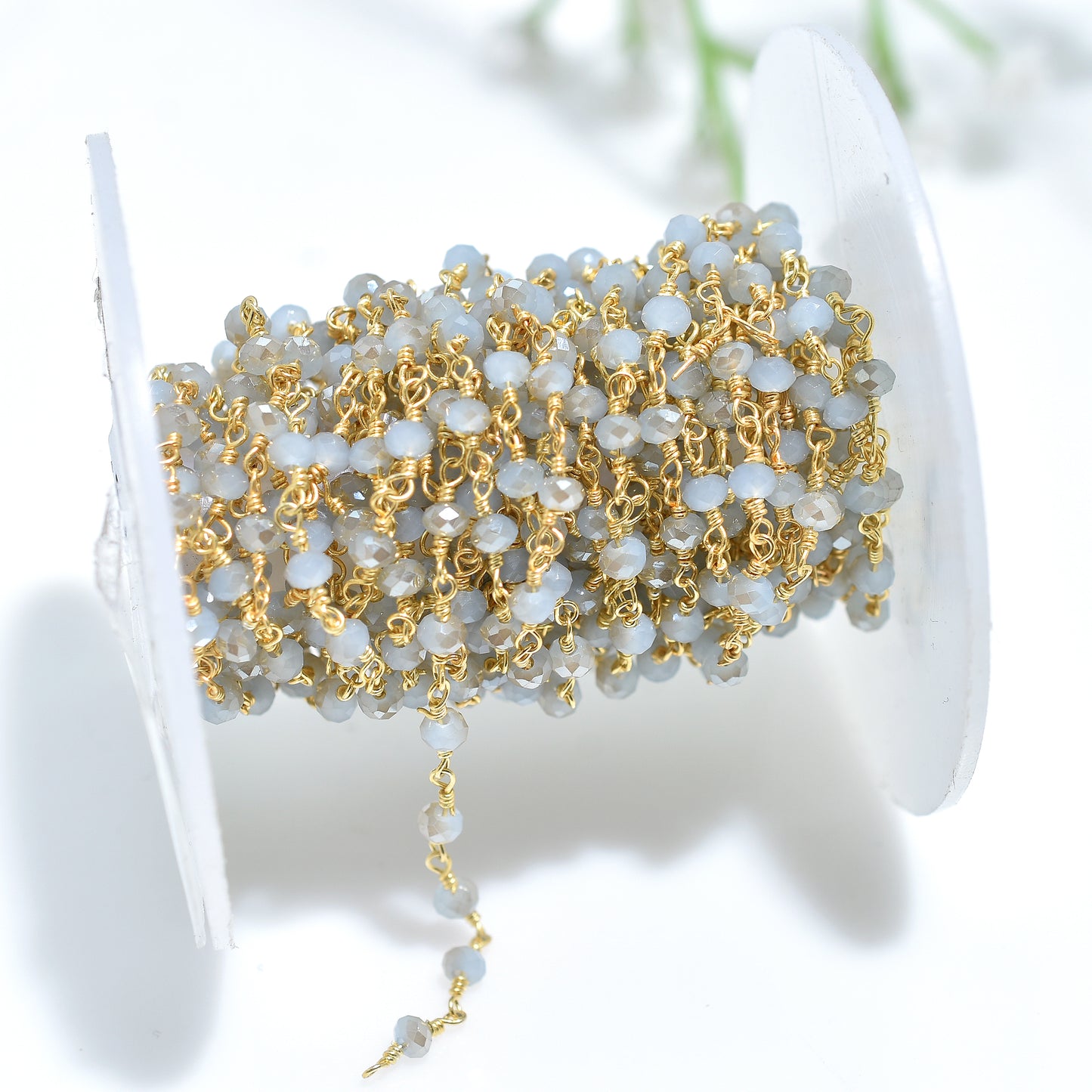 Elegant Chalcedony Hydro Gemstone Rosary Chain – Silver Coated Beads with Gold Plated Links For Crafting
