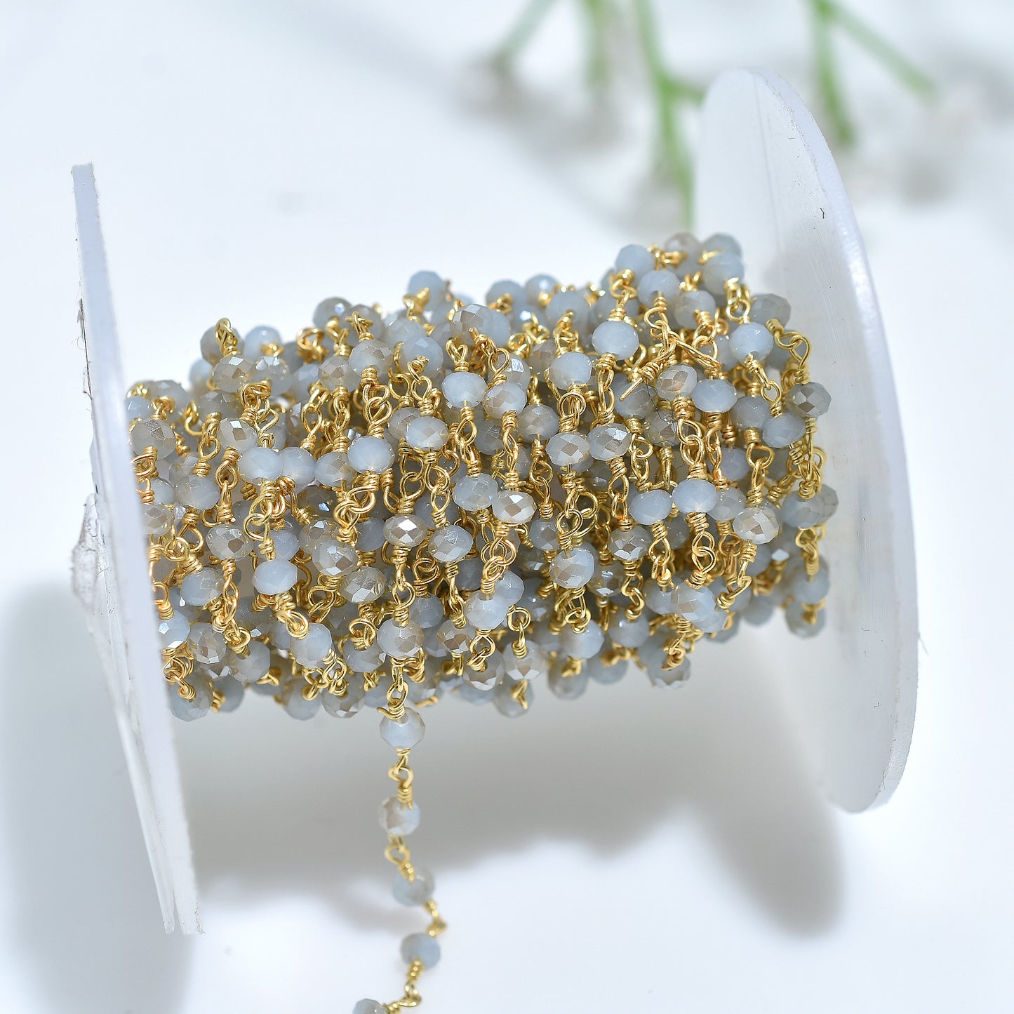 Elegant Chalcedony Hydro Gemstone Rosary Chain – Silver Coated Beads with Gold Plated Links For Crafting