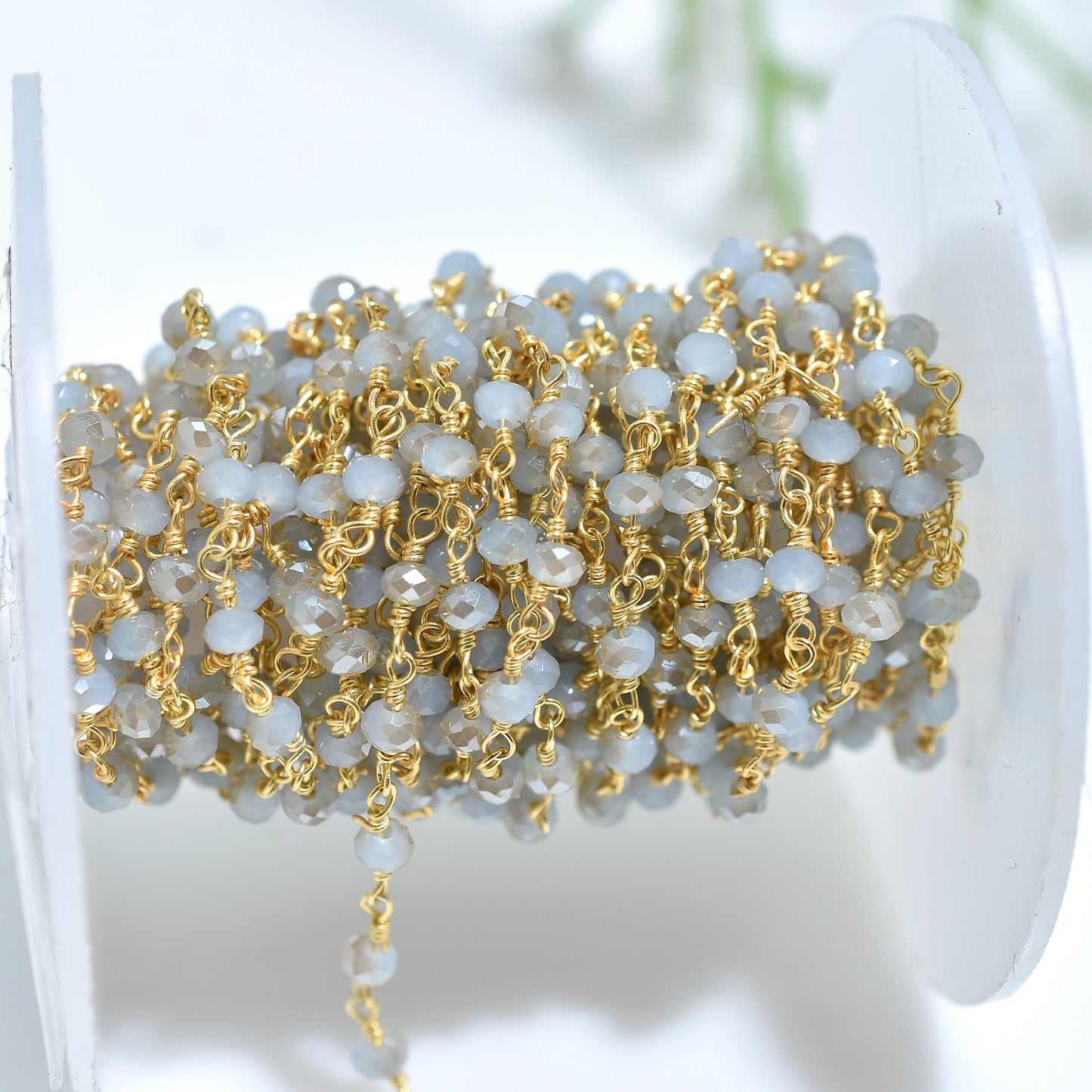 Elegant Chalcedony Hydro Gemstone Rosary Chain – Silver Coated Beads with Gold Plated Links For Crafting