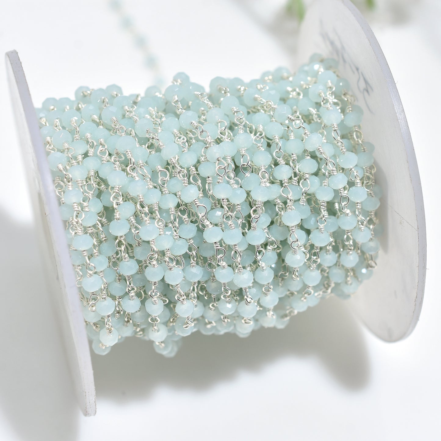 Attractive Silver Plated Chalcedony Rosary Chain - Bulk Aqua Stone Bead Strand Lot for Jewelry Making