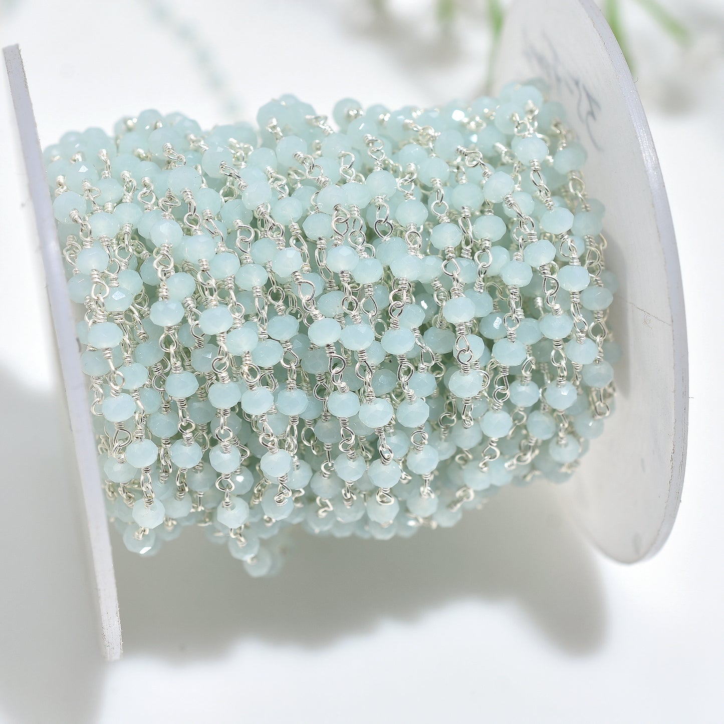 Attractive Silver Plated Chalcedony Rosary Chain - Bulk Aqua Stone Bead Strand Lot for Jewelry Making