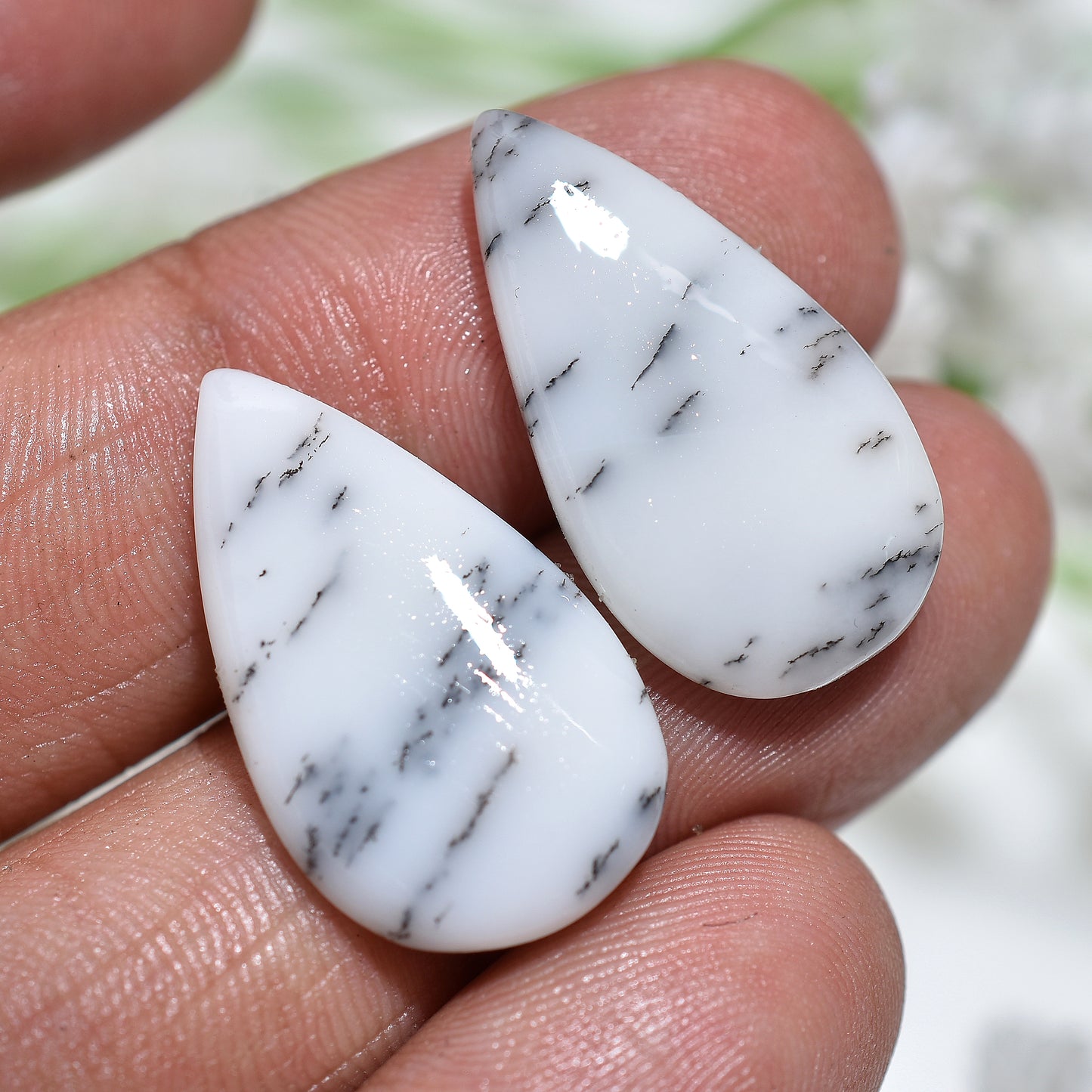 Snow Branch Dendrite Opal – Wholesale Matched Gemstone Pair for Earrings Jewelry