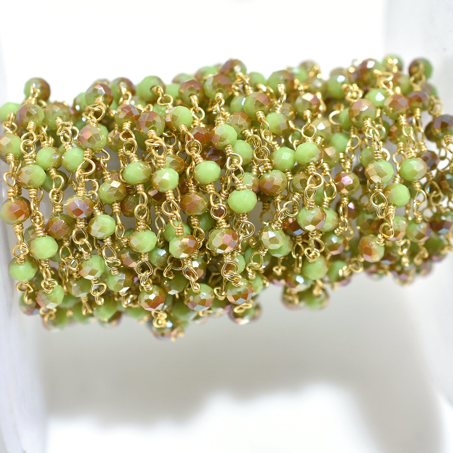 Serene Green Opal Hydro Stone Beads Rosary – Silver Coated With Gold Plated Linking Chain for Jewelry Designs