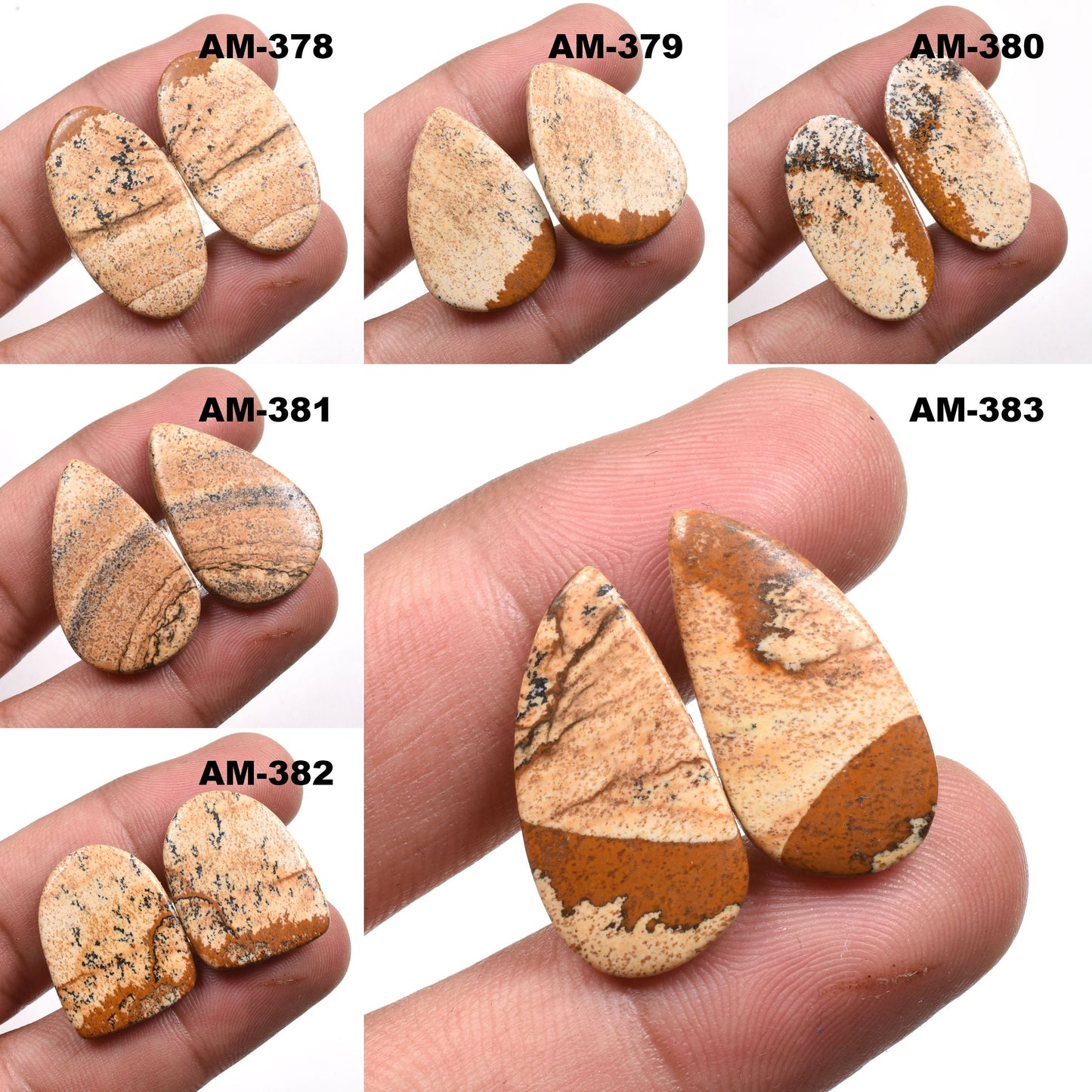 Natural Picture Jasper Gemstone Pair - Matched Cabochons for Jewelry Making & Earrings