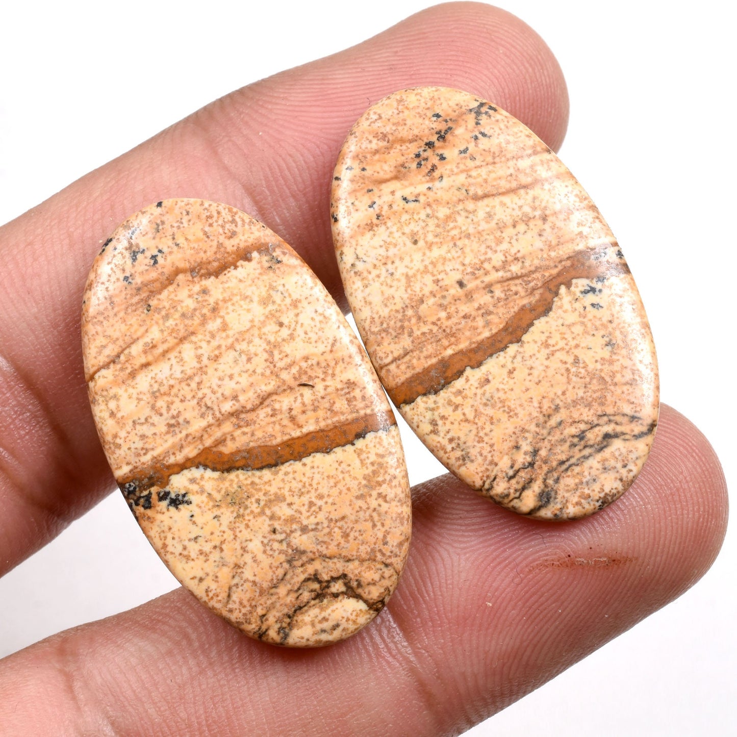 Oval Picture Jasper Gemstone Pair - Matched Cabochons for Earrings & Wholesale Jewelry