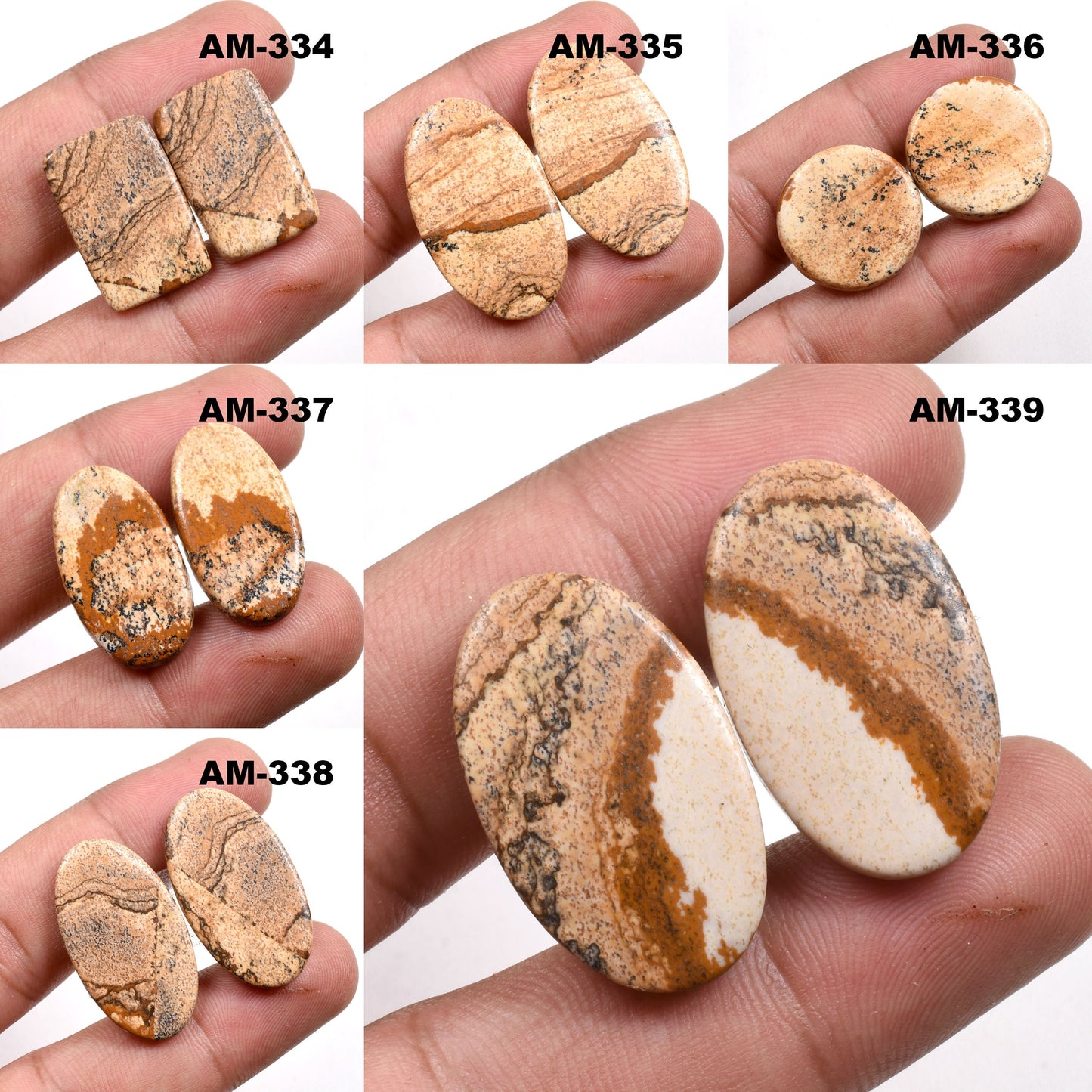 Oval Picture Jasper Gemstone Pair - Matched Cabochons for Earrings & Wholesale Jewelry
