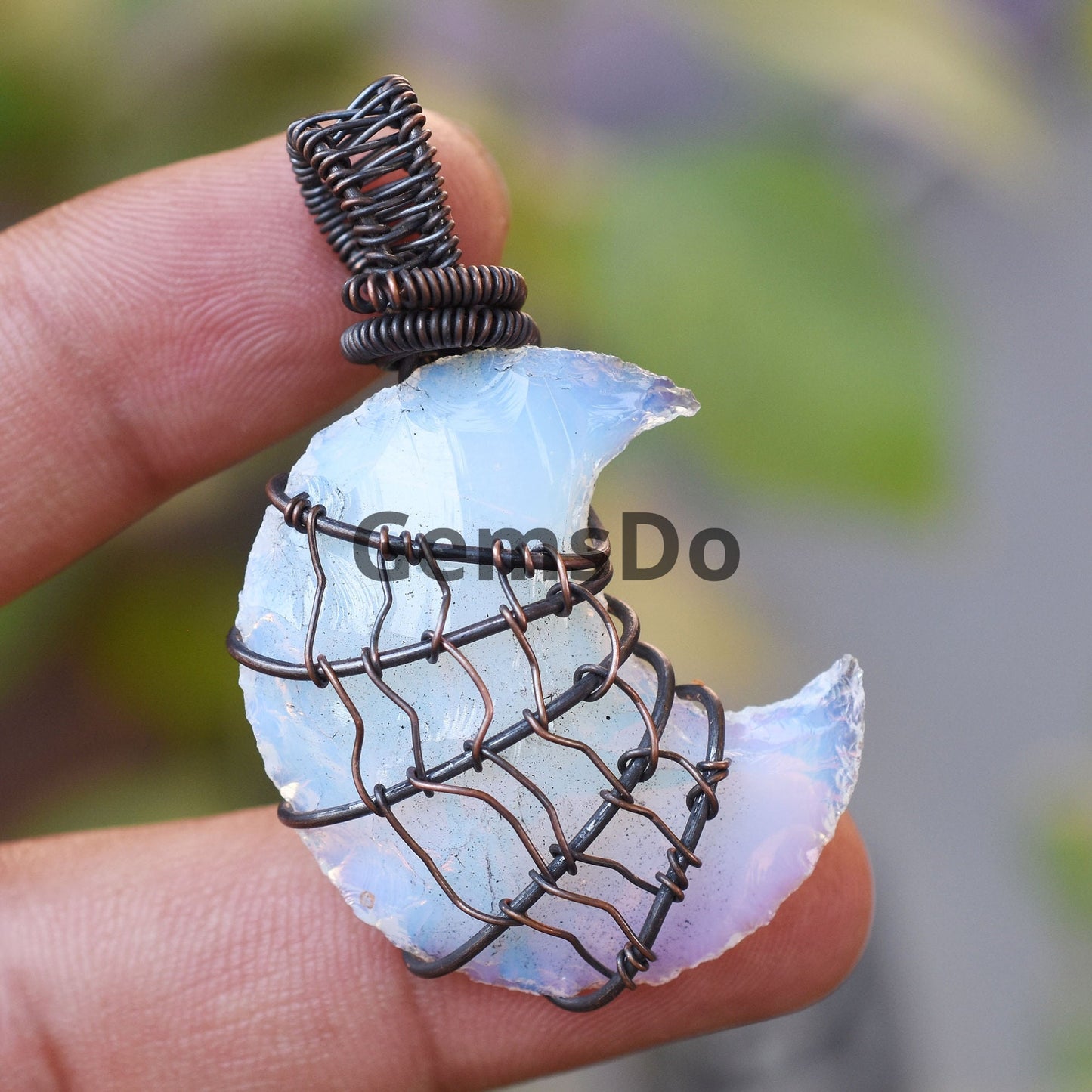 Spider Web Opalite Crescent Moon Pendant – Wire Wrapped Halloween Jewelry