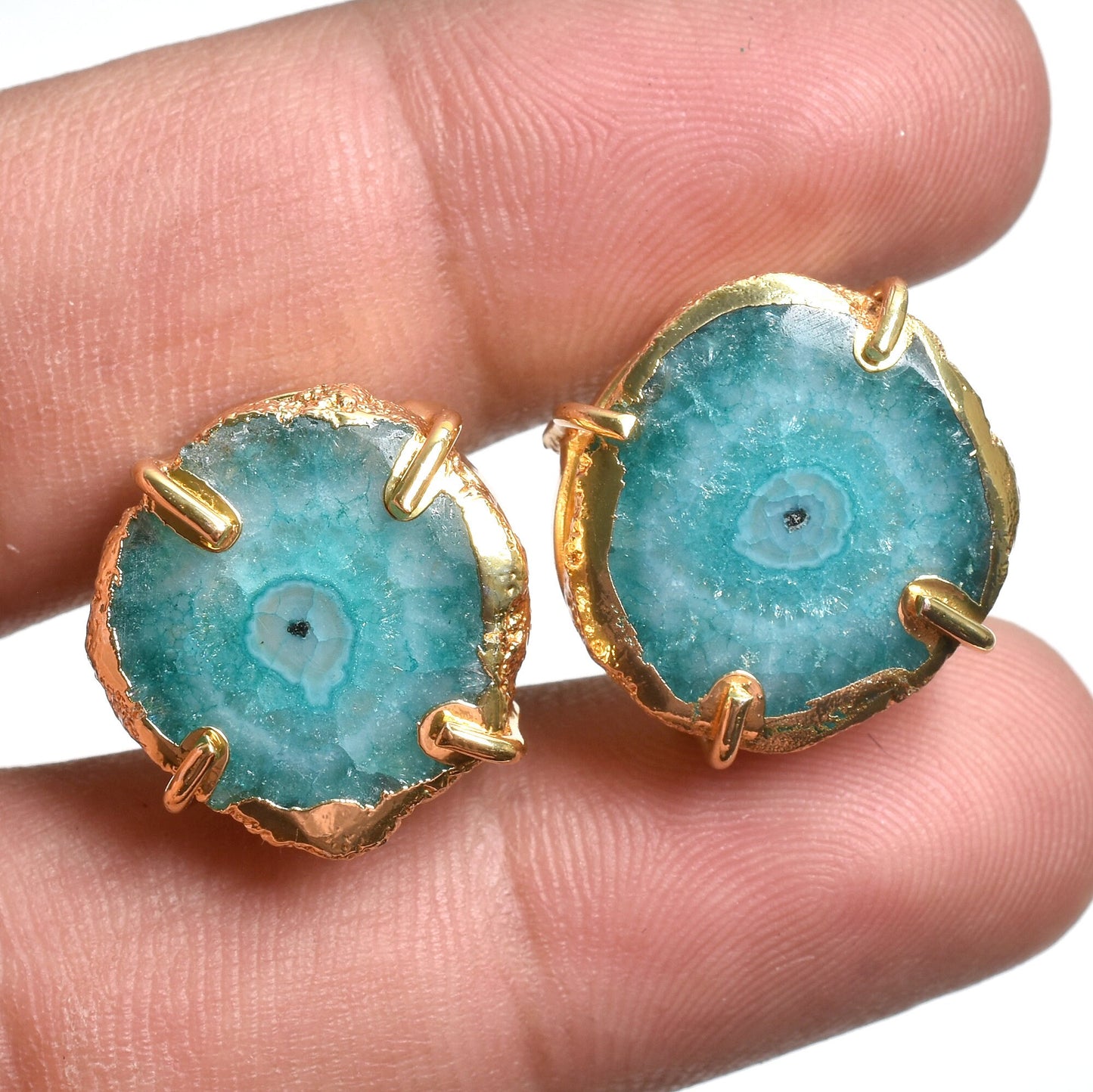 Solar Quartz Stalactite Slice Stud Earrings – Gold Plated Round Crystal Studs For Women