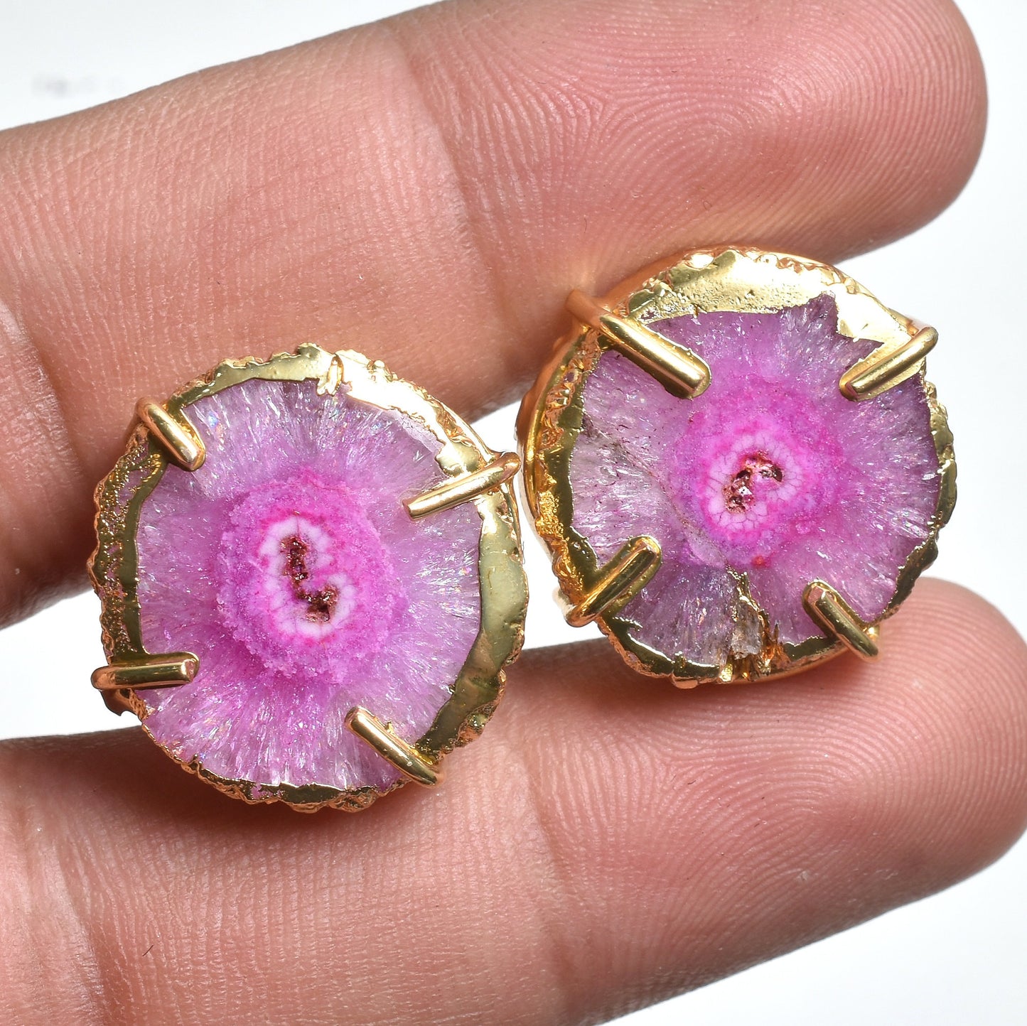 Solar Quartz Stalactite Slice Stud Earrings – Gold Plated Round Crystal Studs For Women